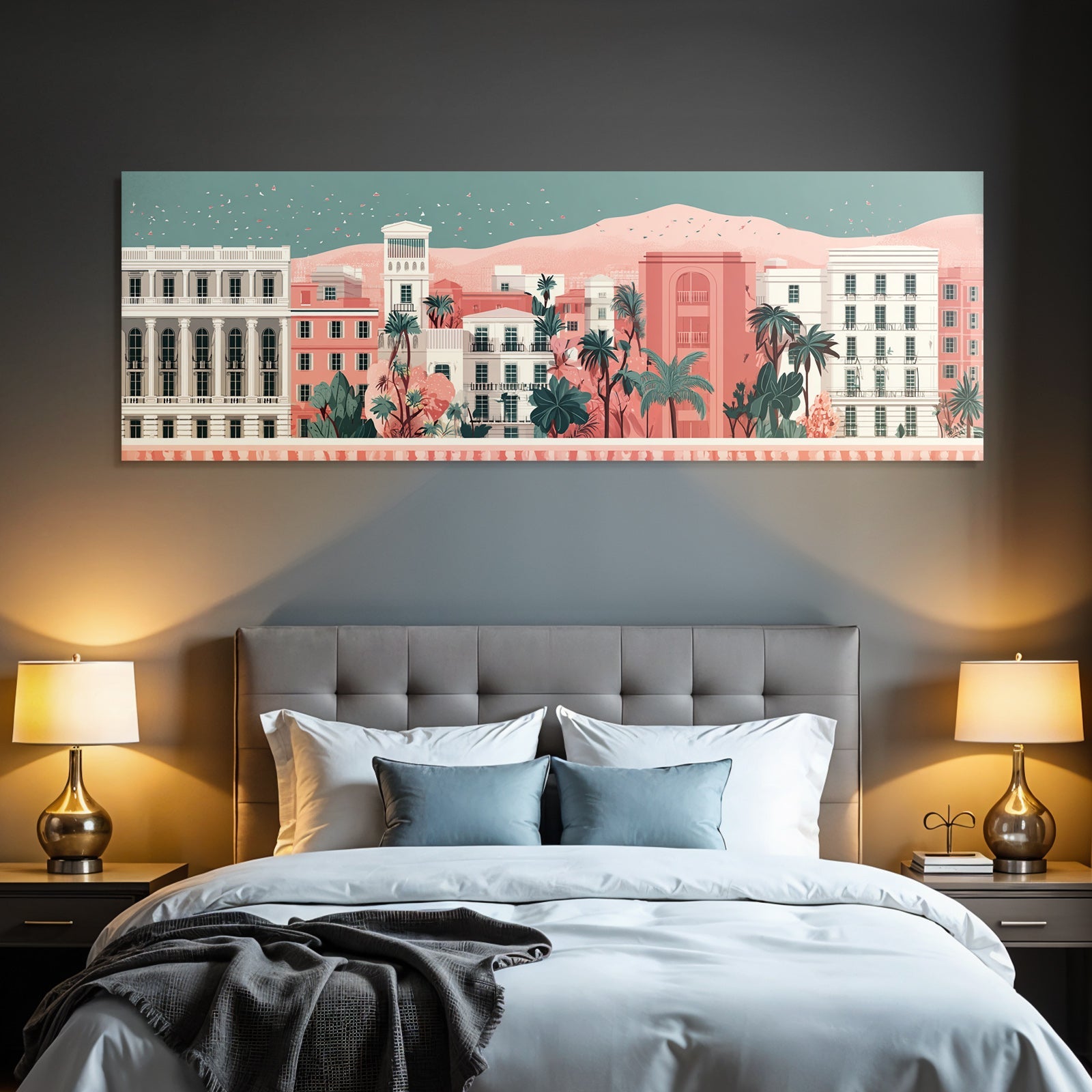 Caribbean island world Pastel-colored city skyline with colorful houses, palm trees and mountain backdrop