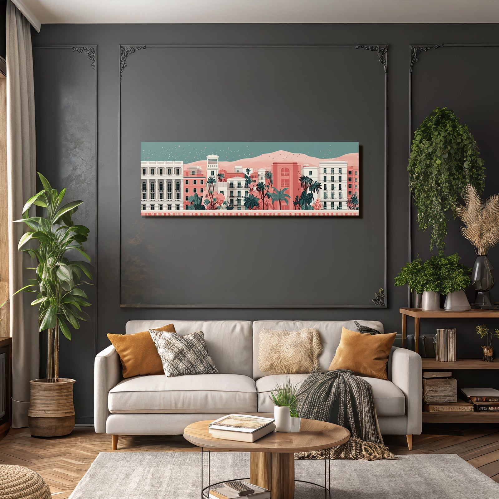 Caribbean island world Pastel-colored city skyline with colorful houses, palm trees and mountain backdrop