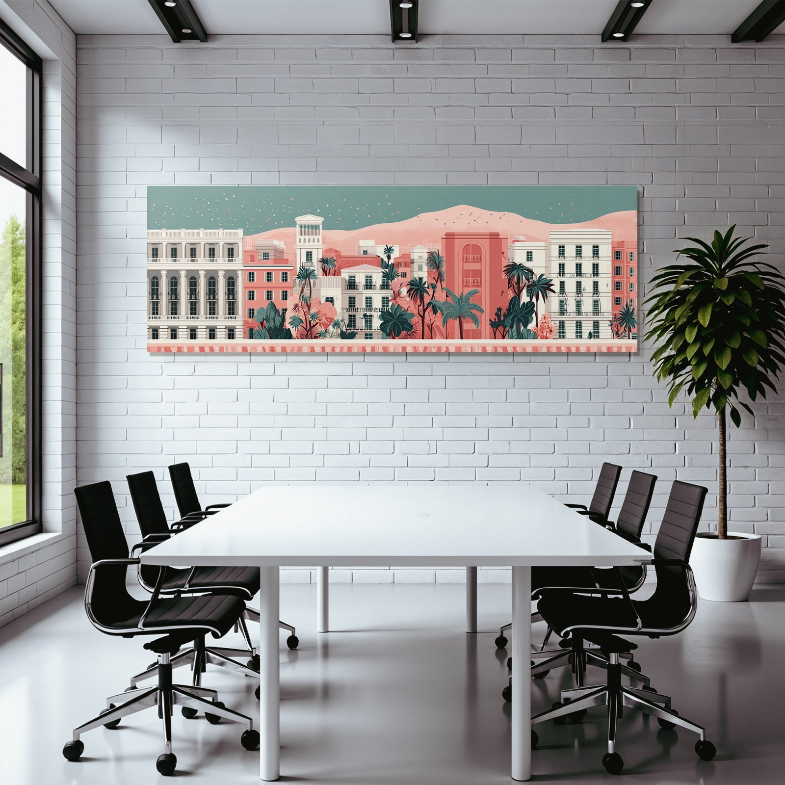 Caribbean island world Pastel-colored city skyline with colorful houses, palm trees and mountain backdrop