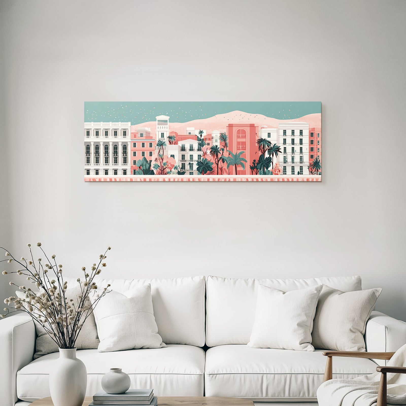 Caribbean island world Pastel-colored city skyline with colorful houses, palm trees and mountain backdrop