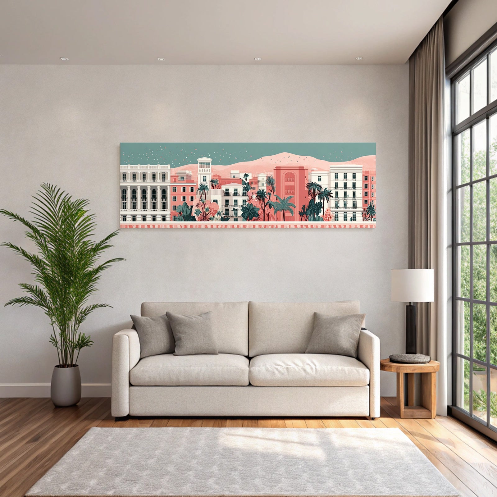 Caribbean island world Pastel-colored city skyline with colorful houses, palm trees and mountain backdrop