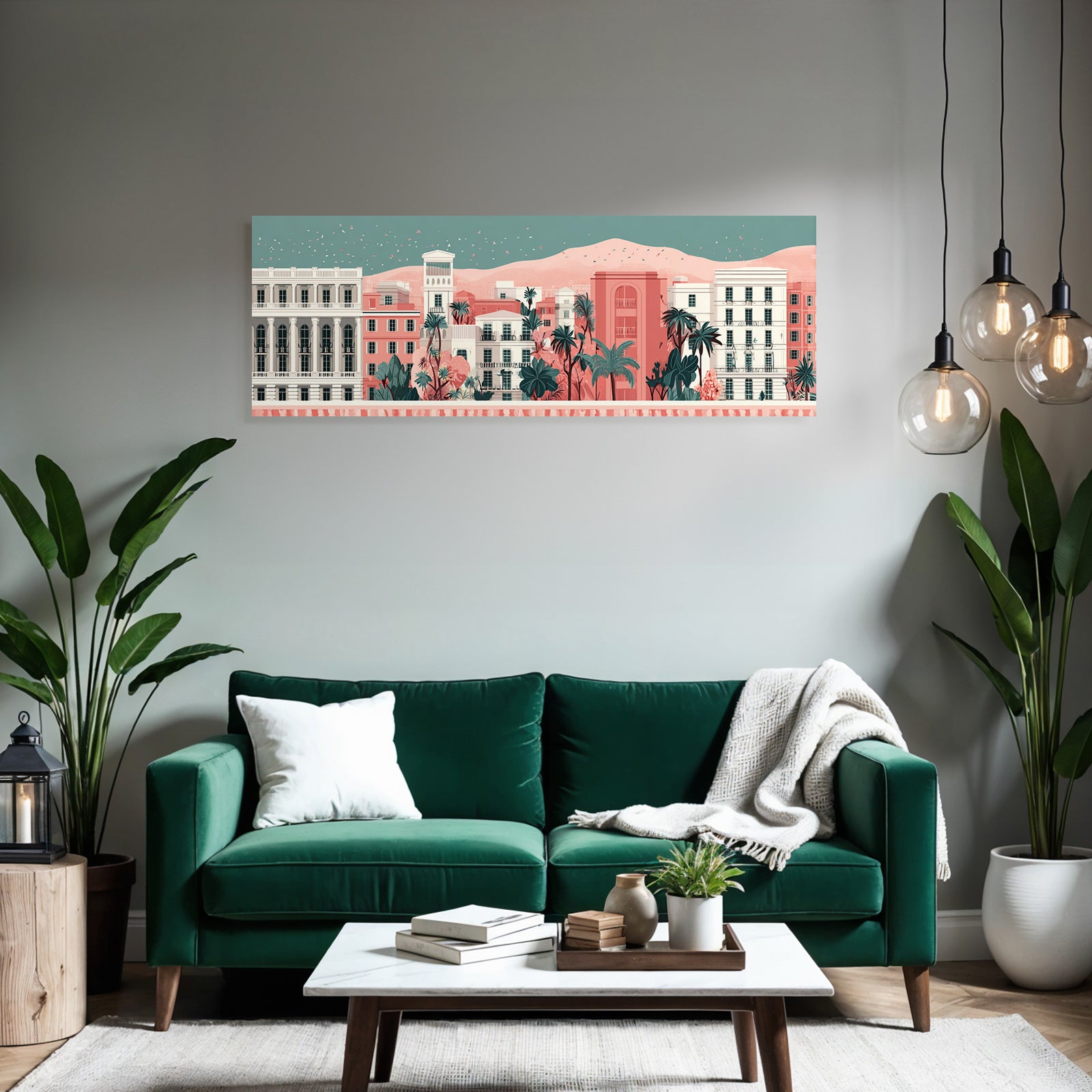 Caribbean island world Pastel-colored city skyline with colorful houses, palm trees and mountain backdrop