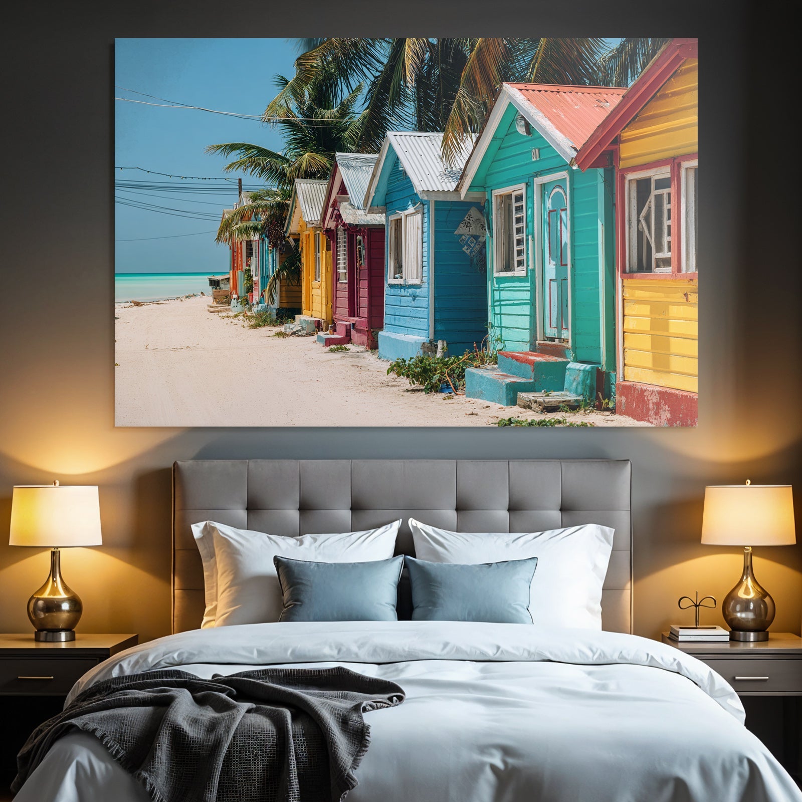 Inselwelt Karibik Bunte Holzhäuser Am Strandpfad Mit Palmen Und Ozeanblick