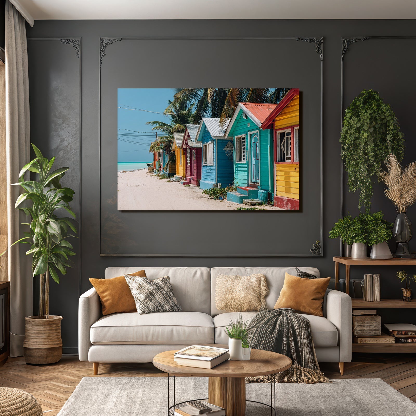 Inselwelt Karibik Bunte Holzhäuser Am Strandpfad Mit Palmen Und Ozeanblick