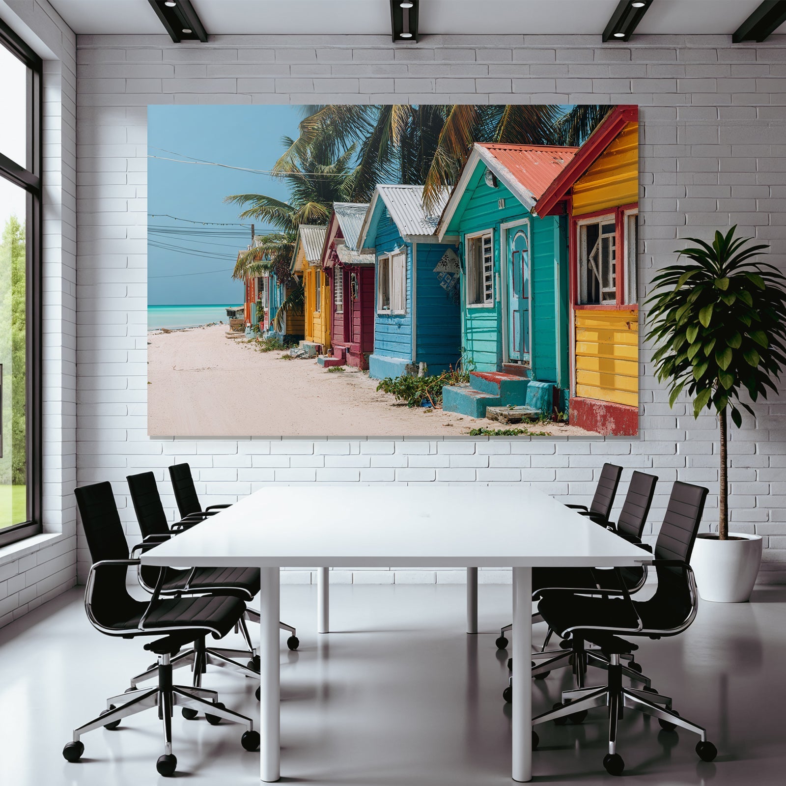 Inselwelt Karibik Bunte Holzhäuser Am Strandpfad Mit Palmen Und Ozeanblick