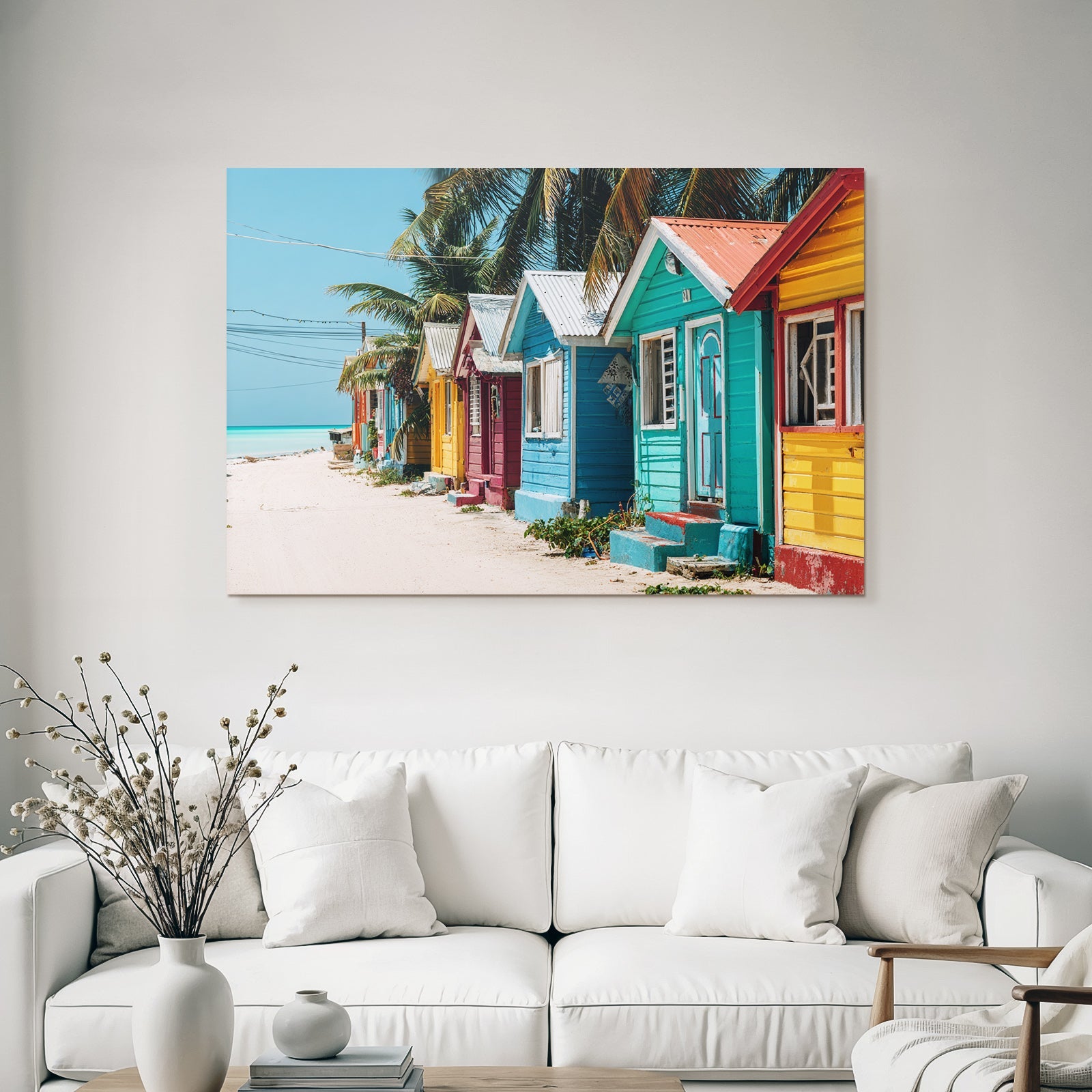 Inselwelt Karibik Bunte Holzhäuser Am Strandpfad Mit Palmen Und Ozeanblick