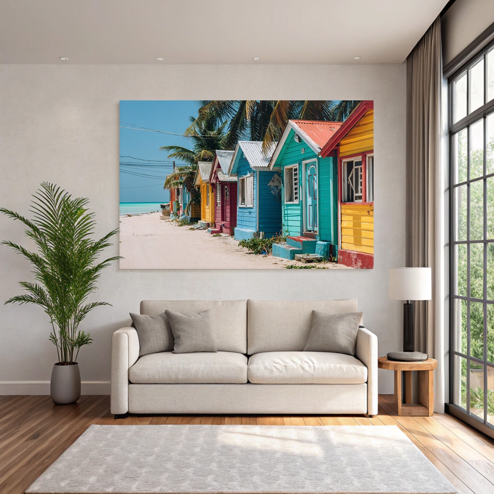Inselwelt Karibik Bunte Holzhäuser Am Strandpfad Mit Palmen Und Ozeanblick