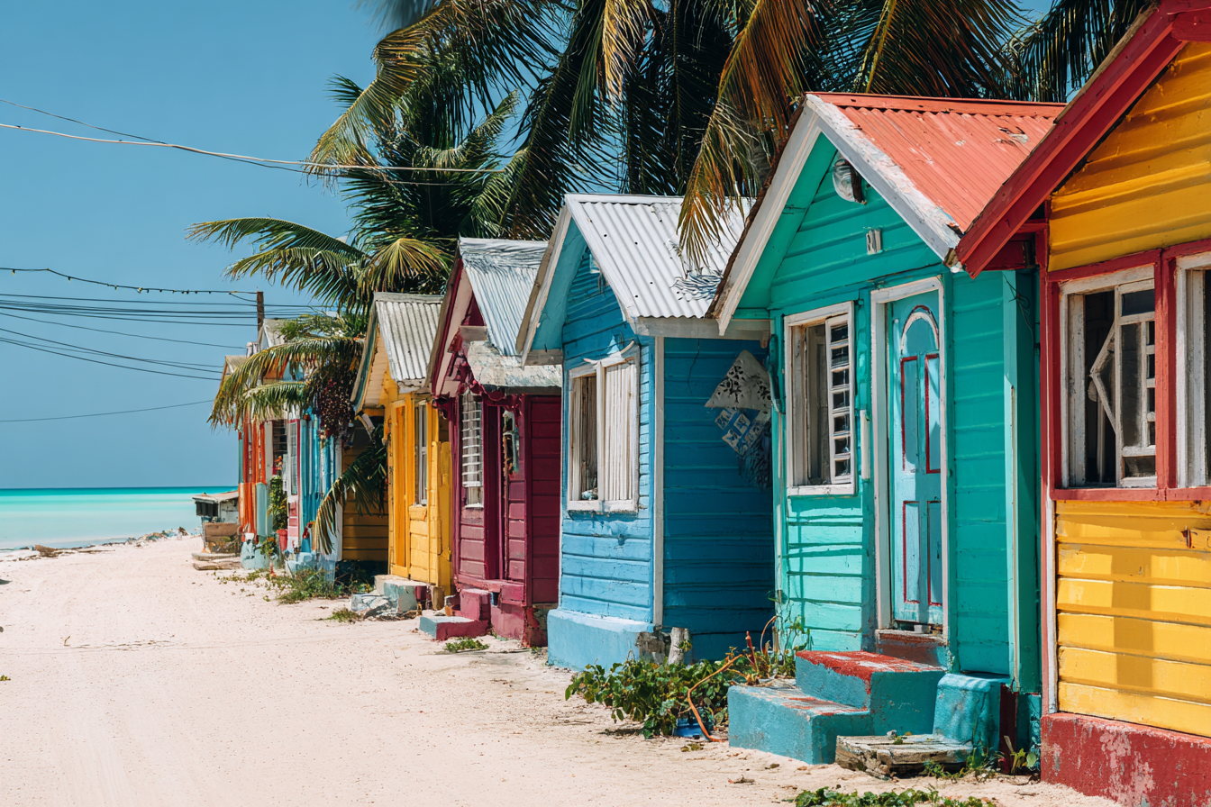 Inselwelt Karibik Bunte Holzhäuser Am Strandpfad Mit Palmen Und Ozeanblick | Inselwelten und Karibik | Laender und Reisen