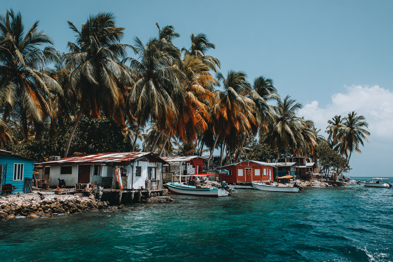 Inselwelt Karibik Tropische Küstenlandschaft Mit Palmen Holzhütten Und Booten | Inselwelten und Karibik | Laender und Reisen