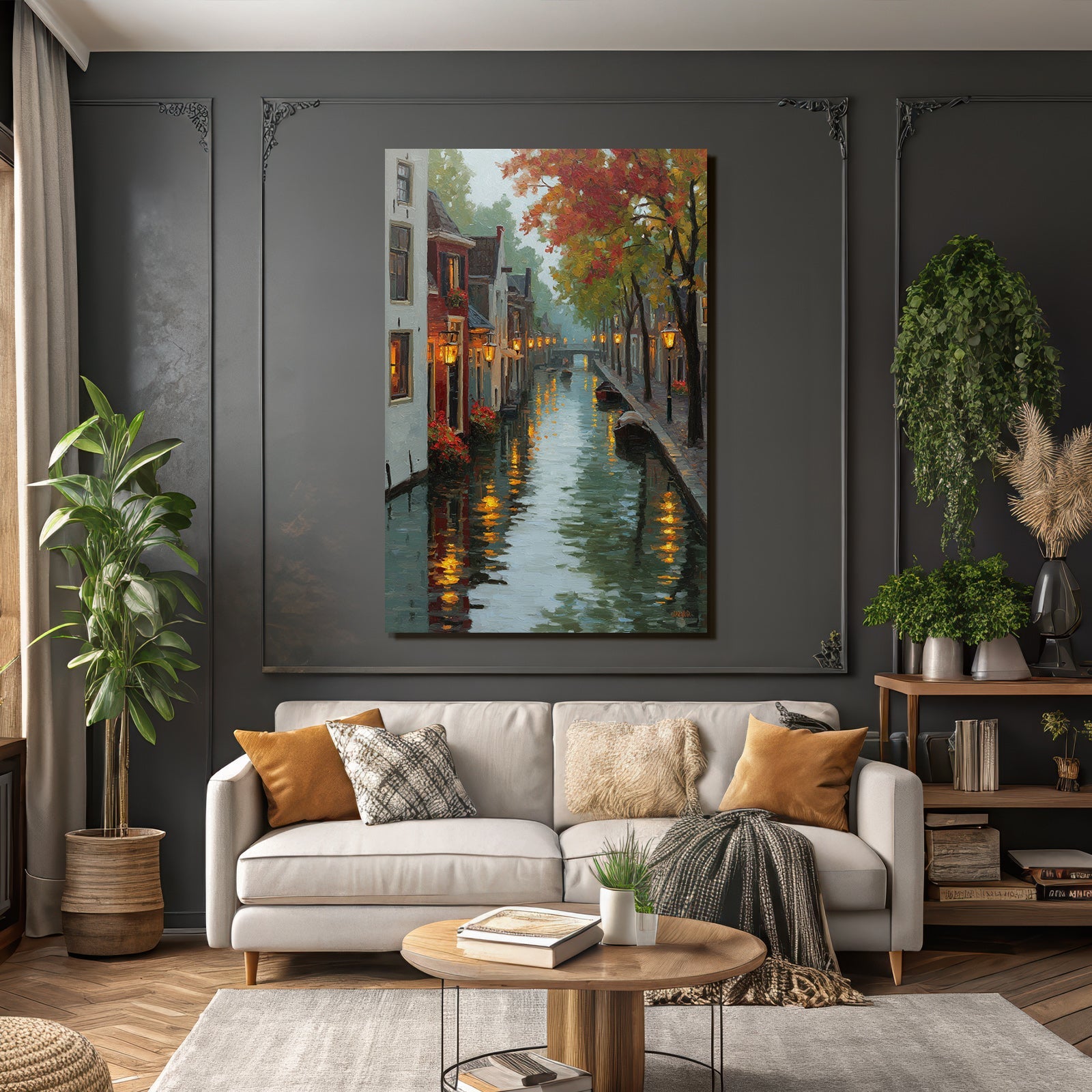 Herbstlicher Kanal Mit Beleuchteten Häusern Und Reflektionen