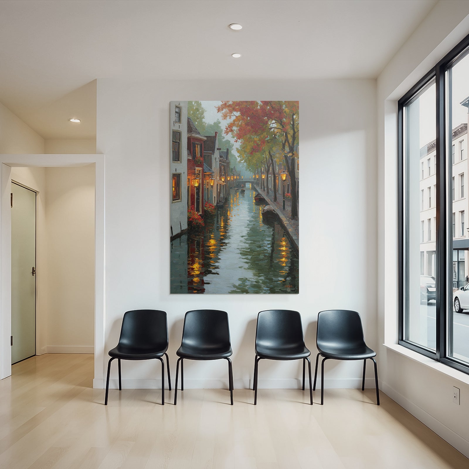 Herbstlicher Kanal Mit Beleuchteten Häusern Und Reflektionen