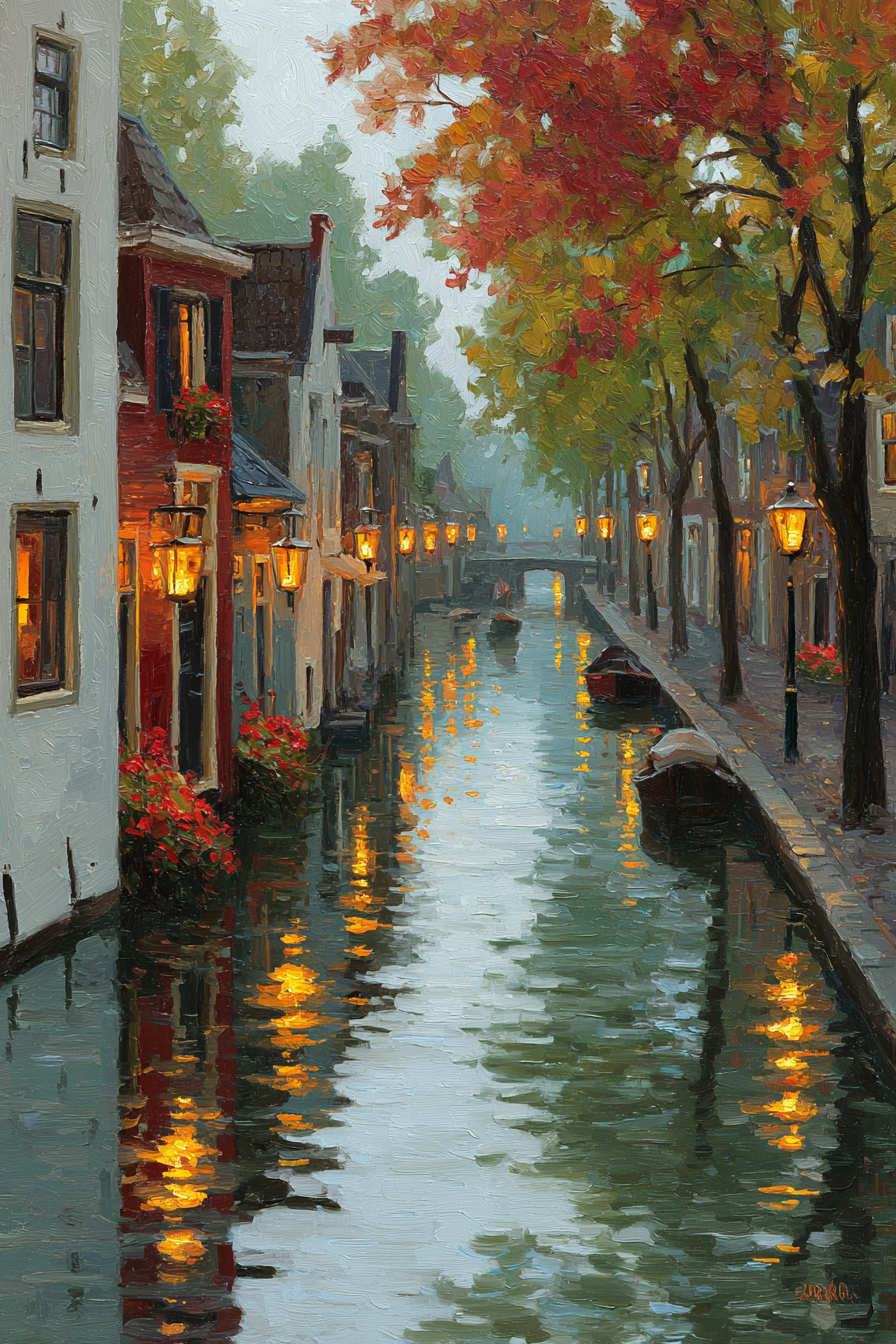 Herbstlicher Kanal Mit Beleuchteten Häusern Und Reflektionen | Staedtekunst | Laender und Reisen