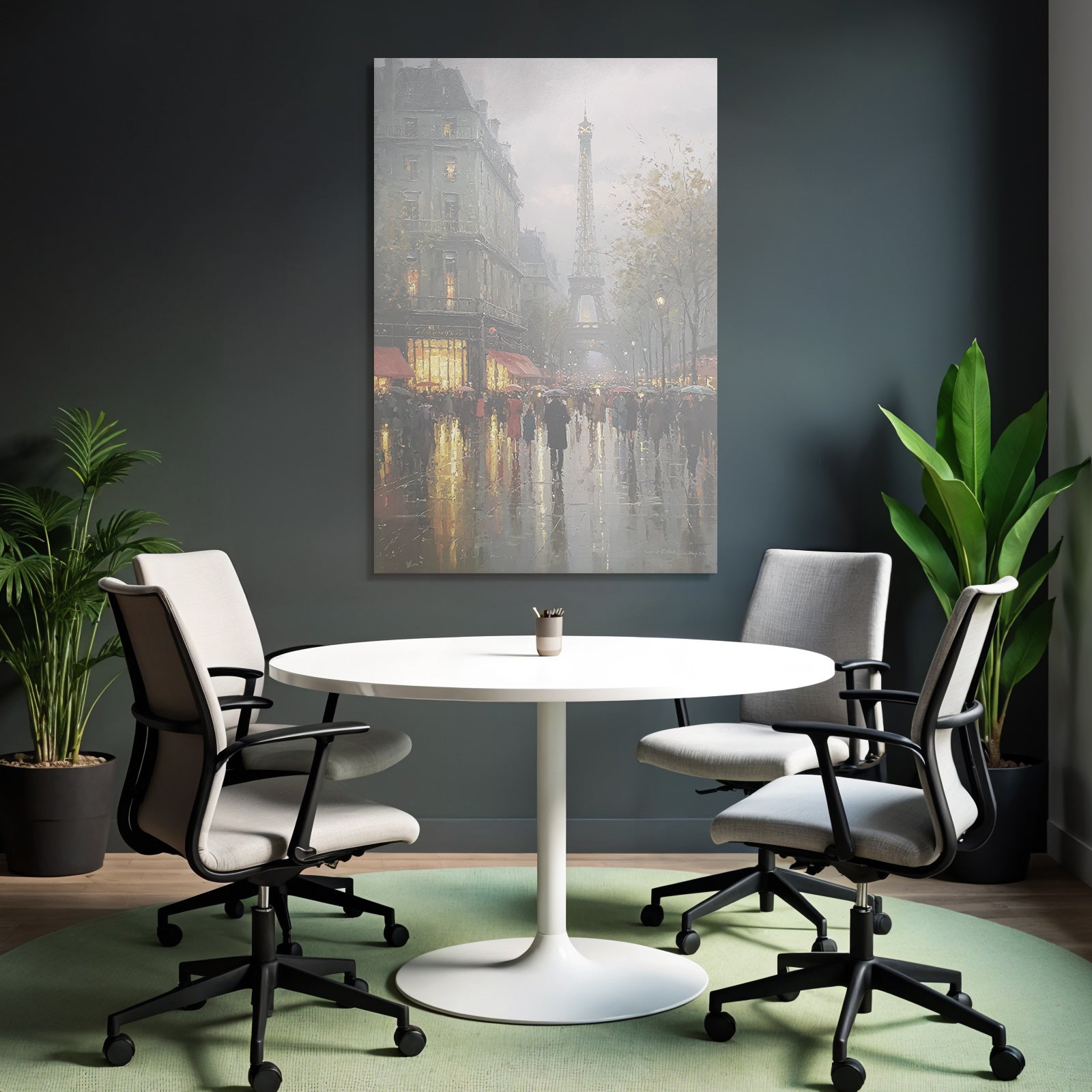 Rainy street in Paris with Eiffel Tower in the background