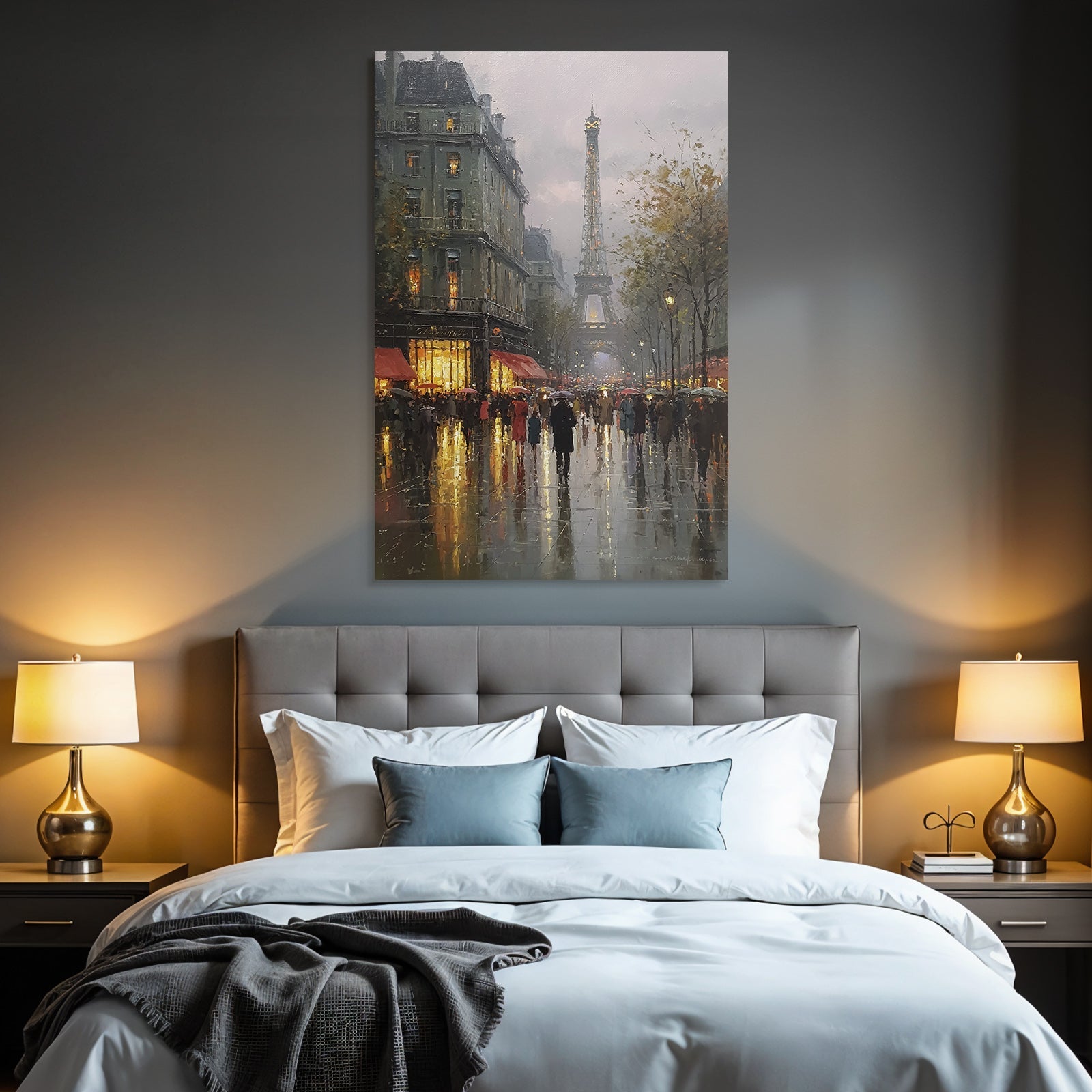 Rainy street in Paris with Eiffel Tower in the background