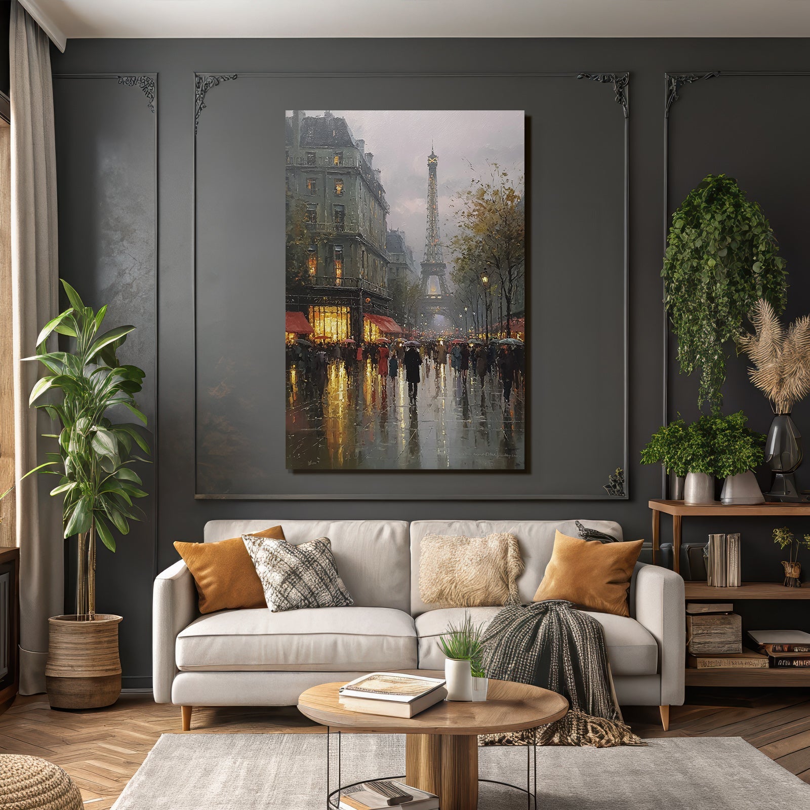 Rainy street in Paris with Eiffel Tower in the background