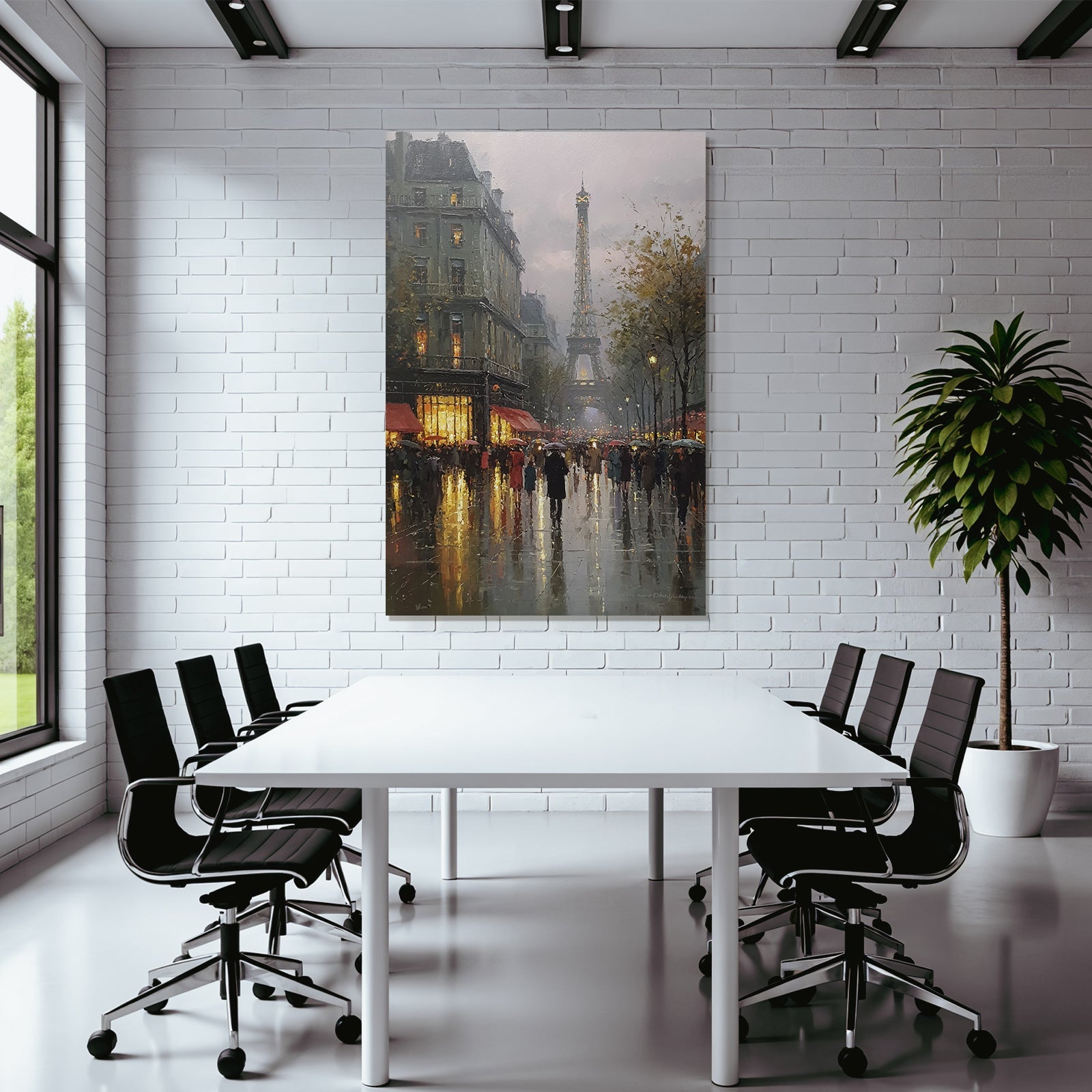 Rainy street in Paris with Eiffel Tower in the background