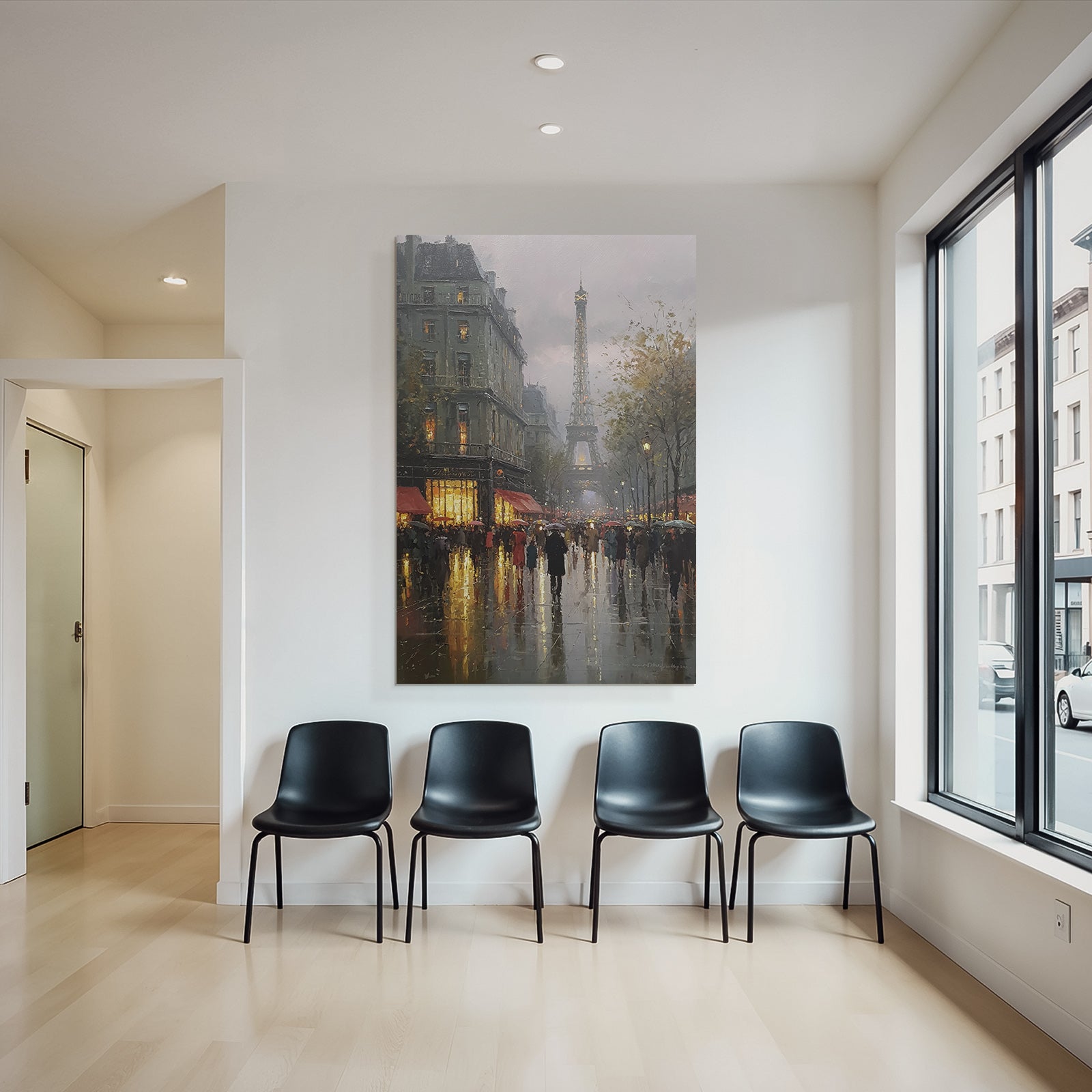 Rainy street in Paris with Eiffel Tower in the background