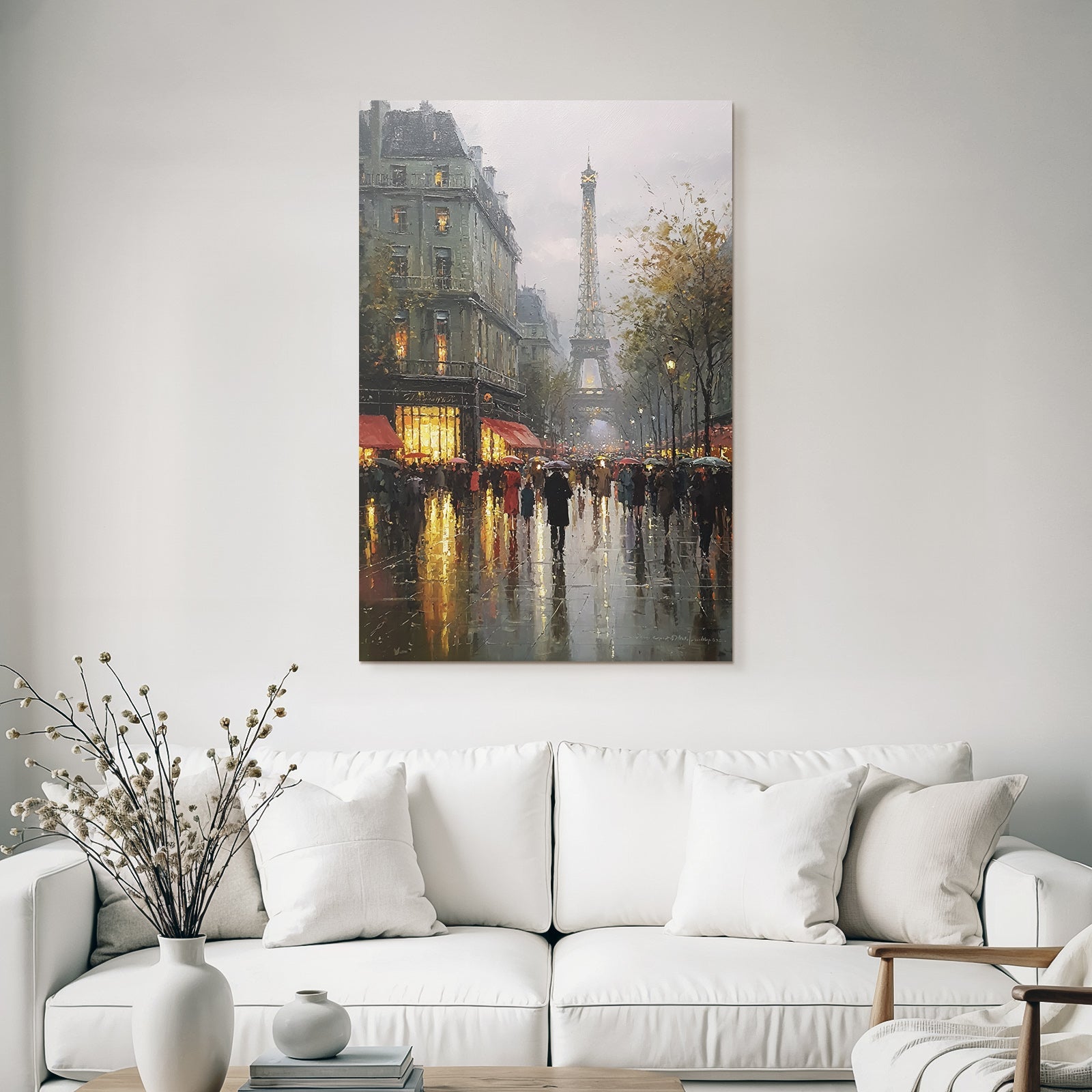 Rainy street in Paris with Eiffel Tower in the background