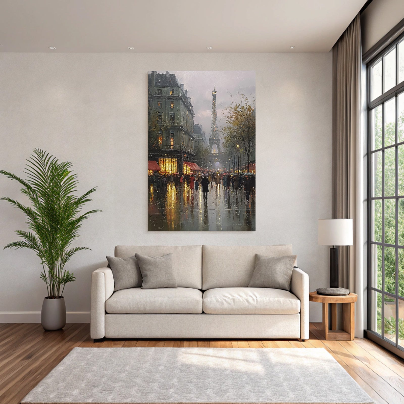 Rainy street in Paris with Eiffel Tower in the background