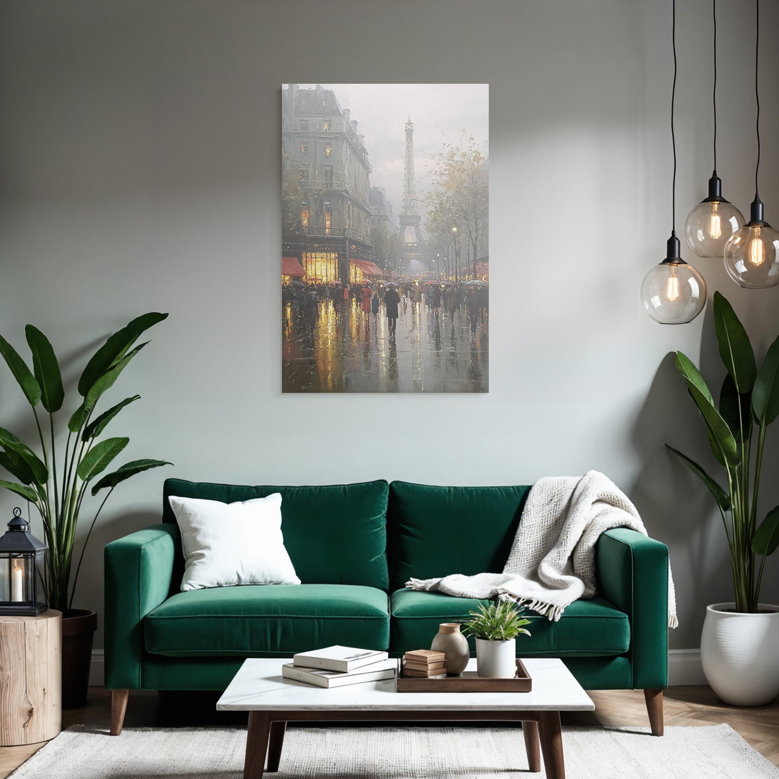 Rainy street in Paris with Eiffel Tower in the background