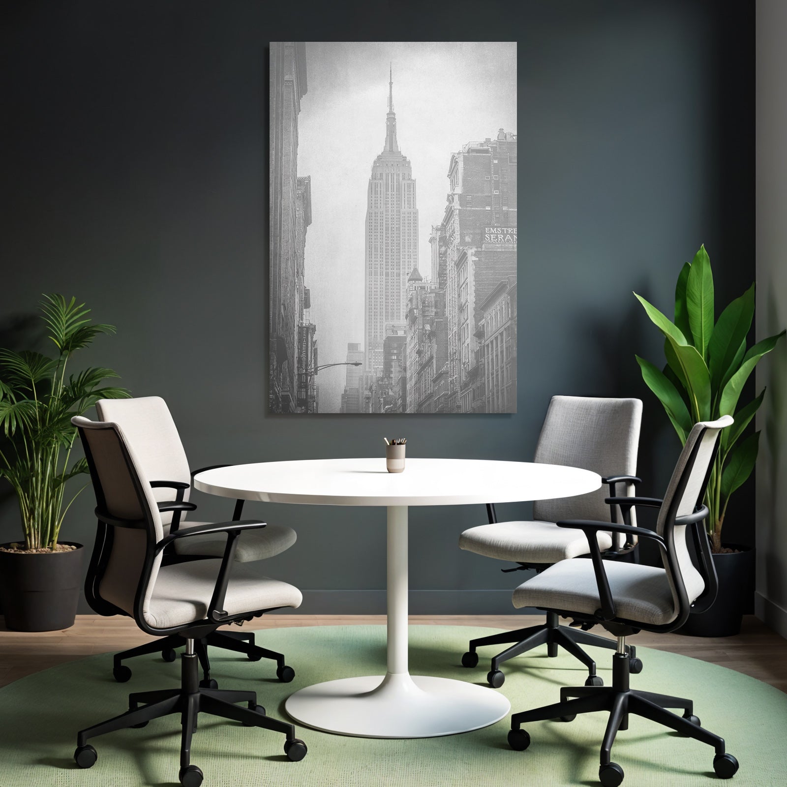 Schwarzweiss Stadtbild Mit Hohem Wolkenkratzer Im Nebel