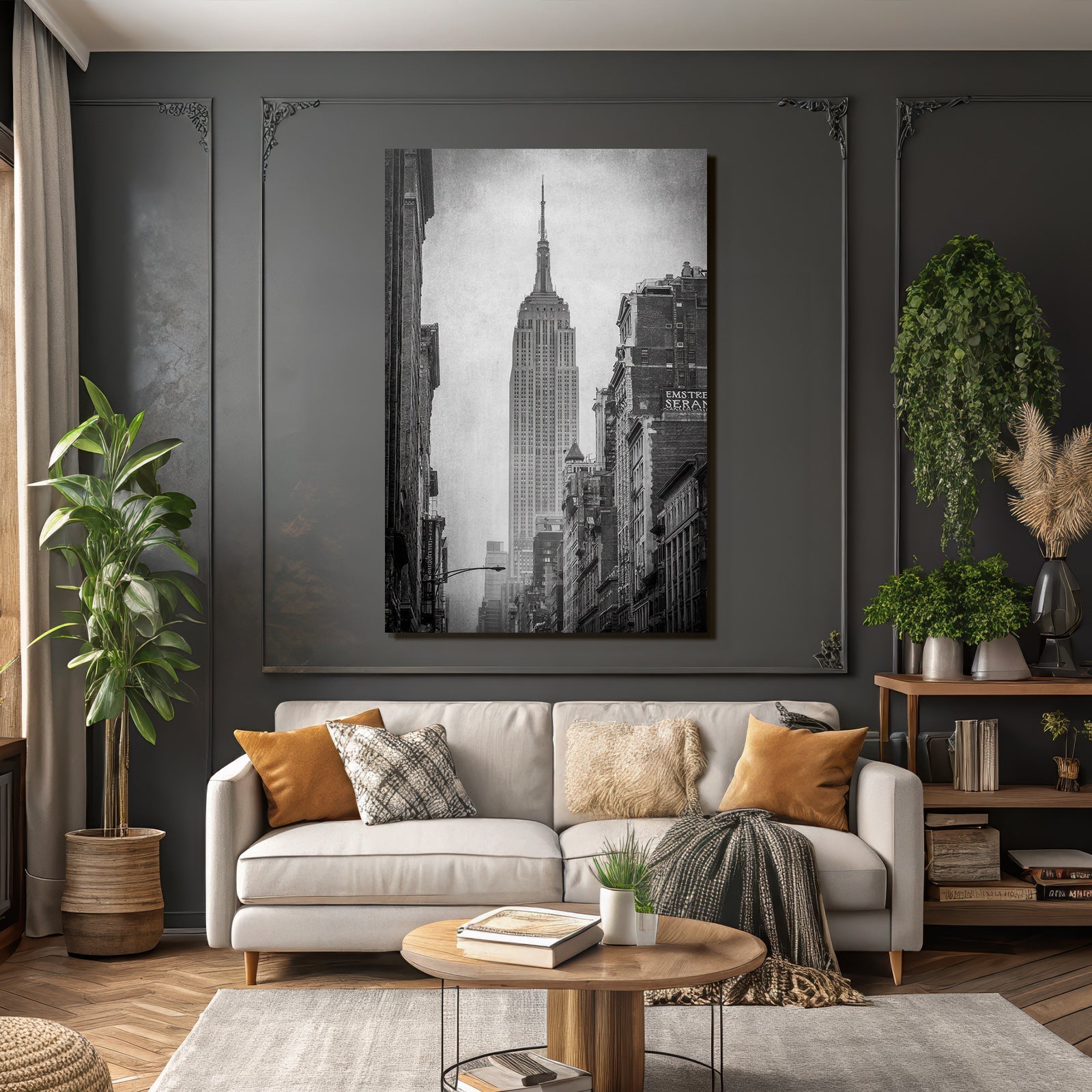 Schwarzweiss Stadtbild Mit Hohem Wolkenkratzer Im Nebel