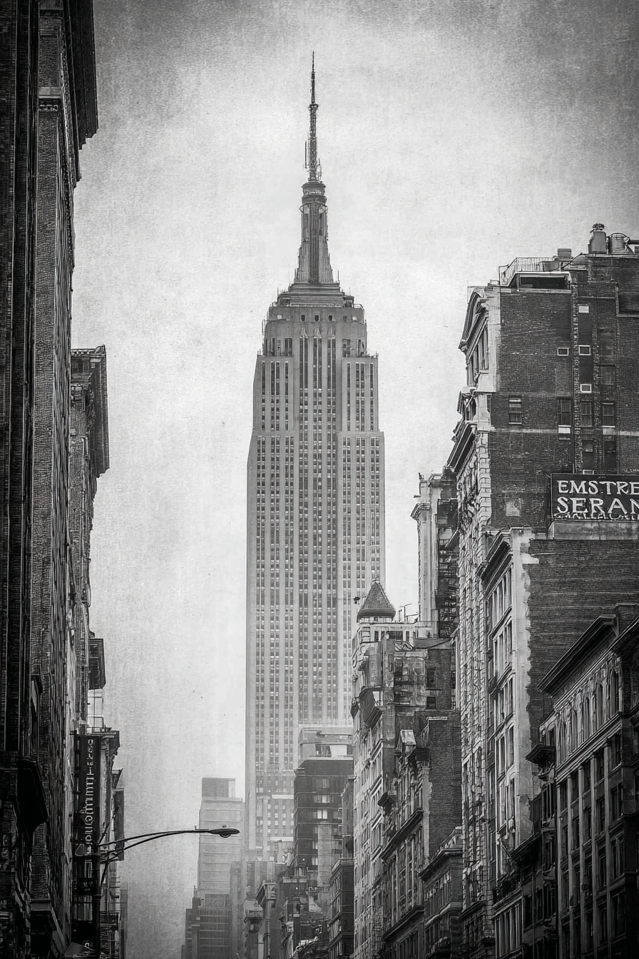 Schwarzweiss Stadtbild Mit Hohem Wolkenkratzer Im Nebel | Staedtekunst | Laender und Reisen