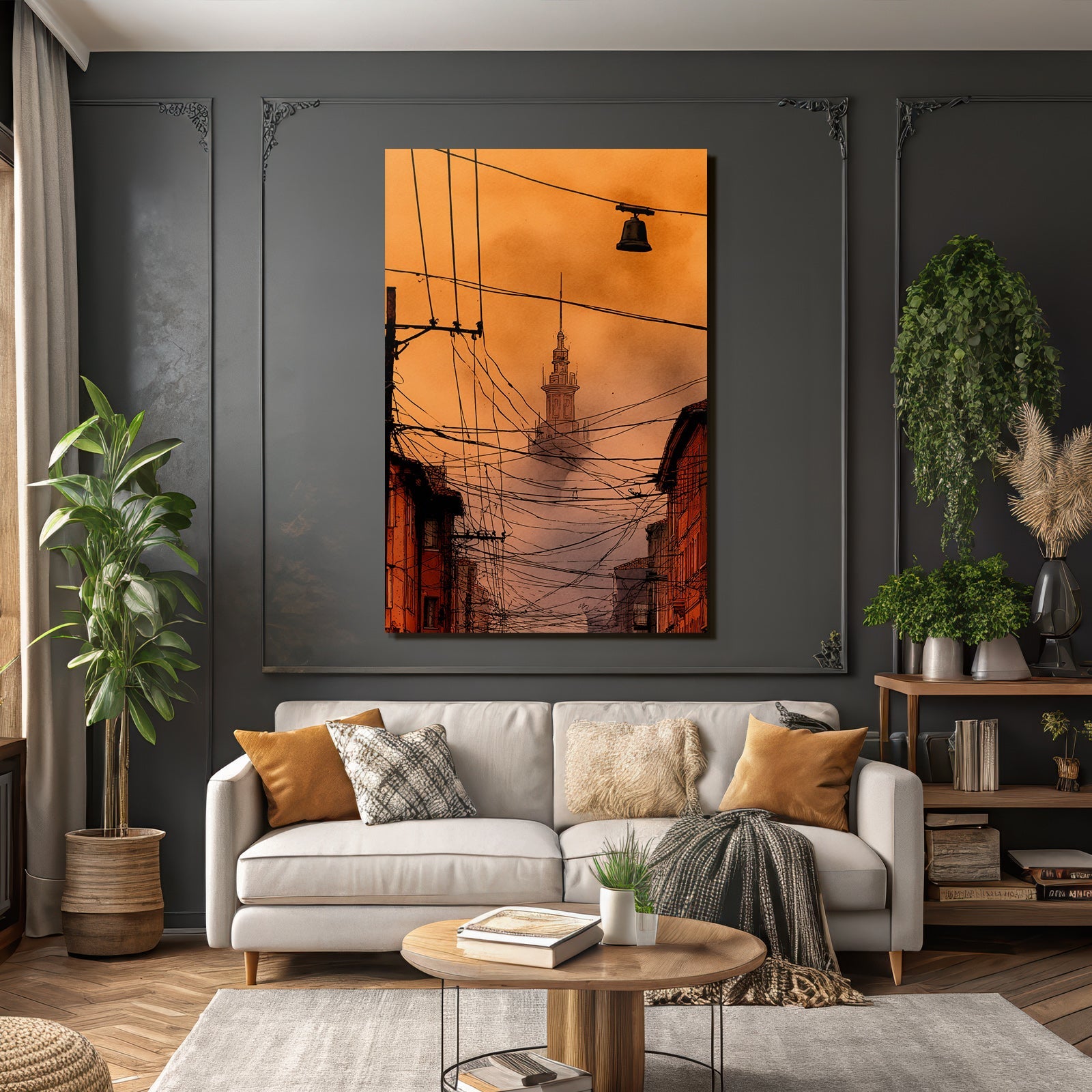 Cityscape at dusk with power lines and tower