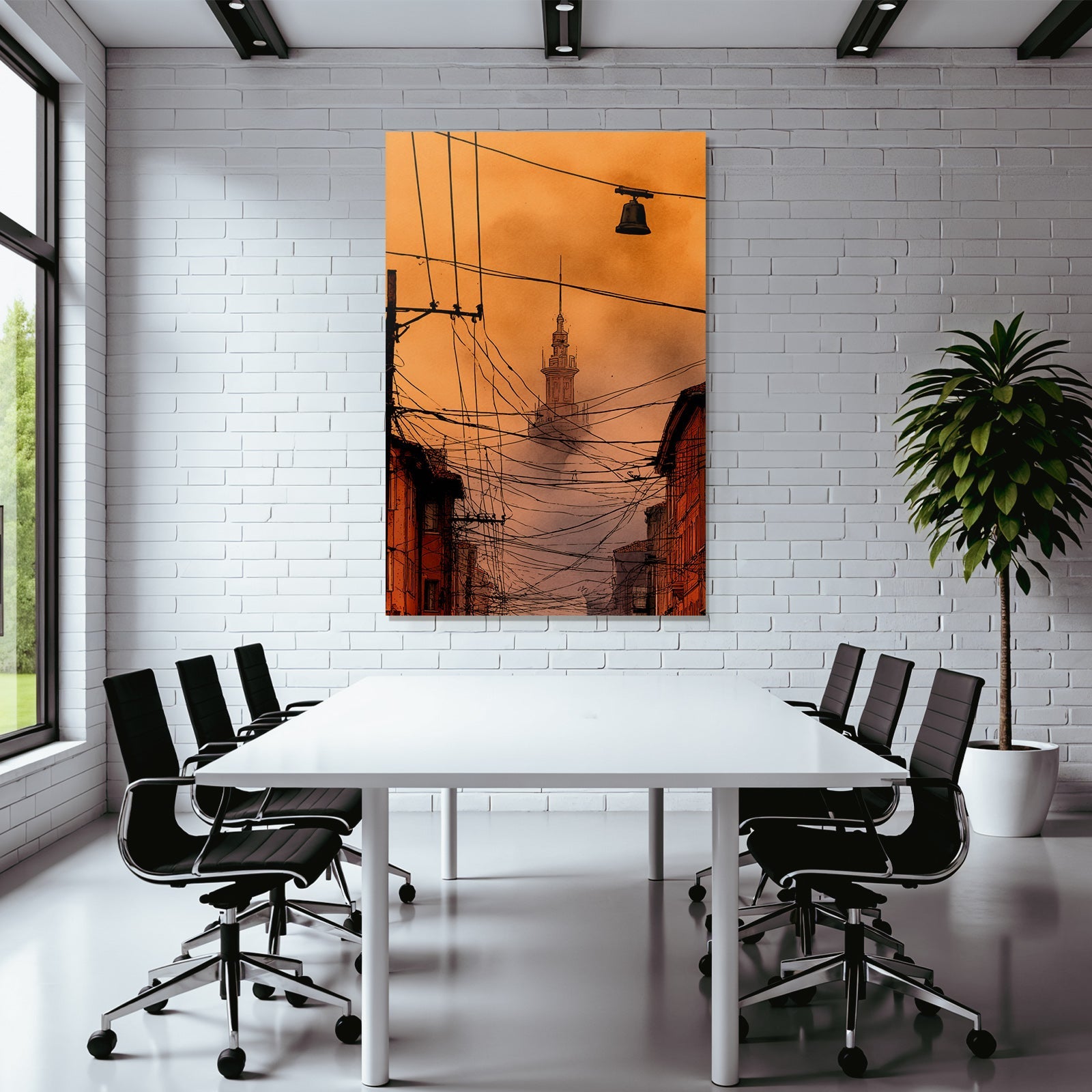 Cityscape at dusk with power lines and tower