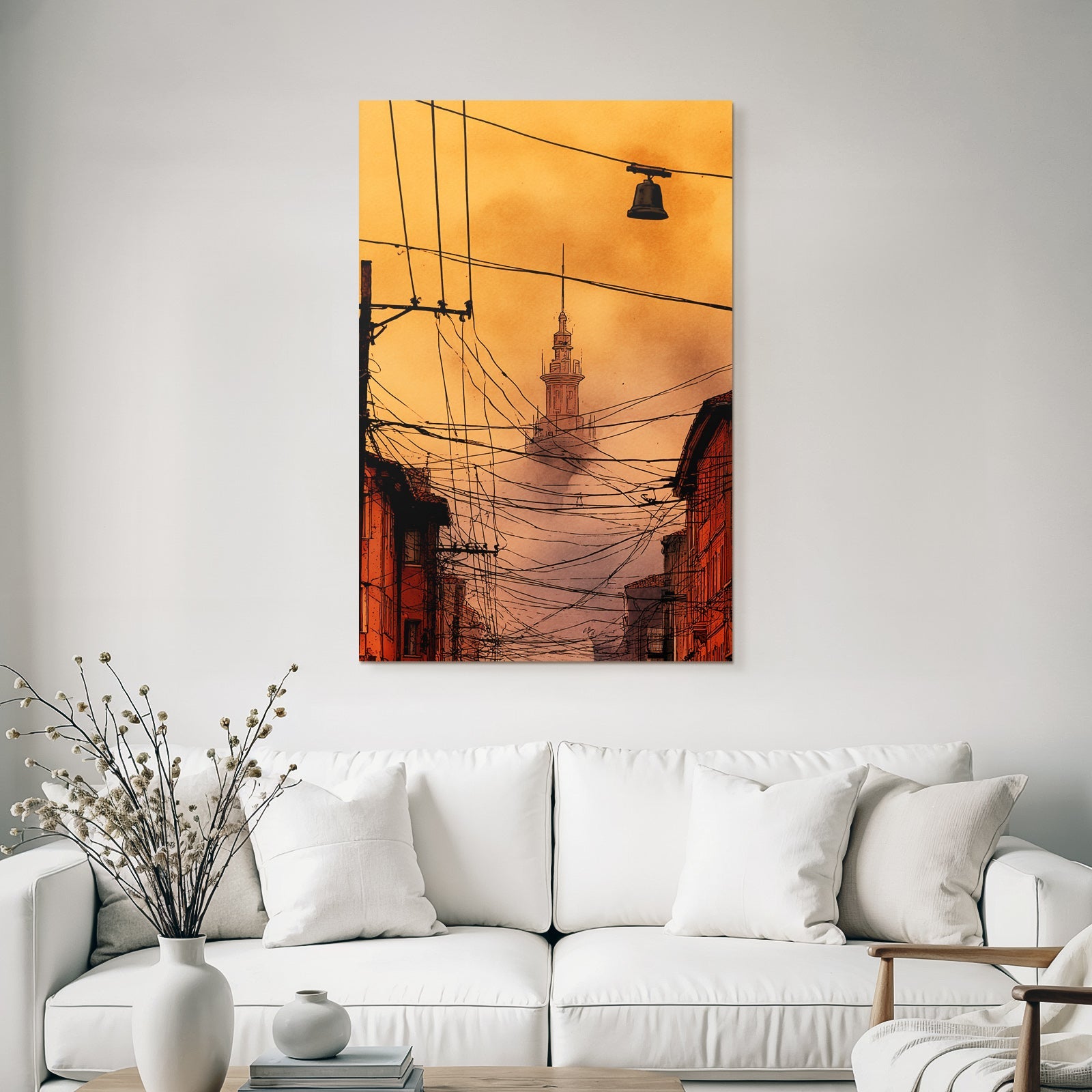 Cityscape at dusk with power lines and tower