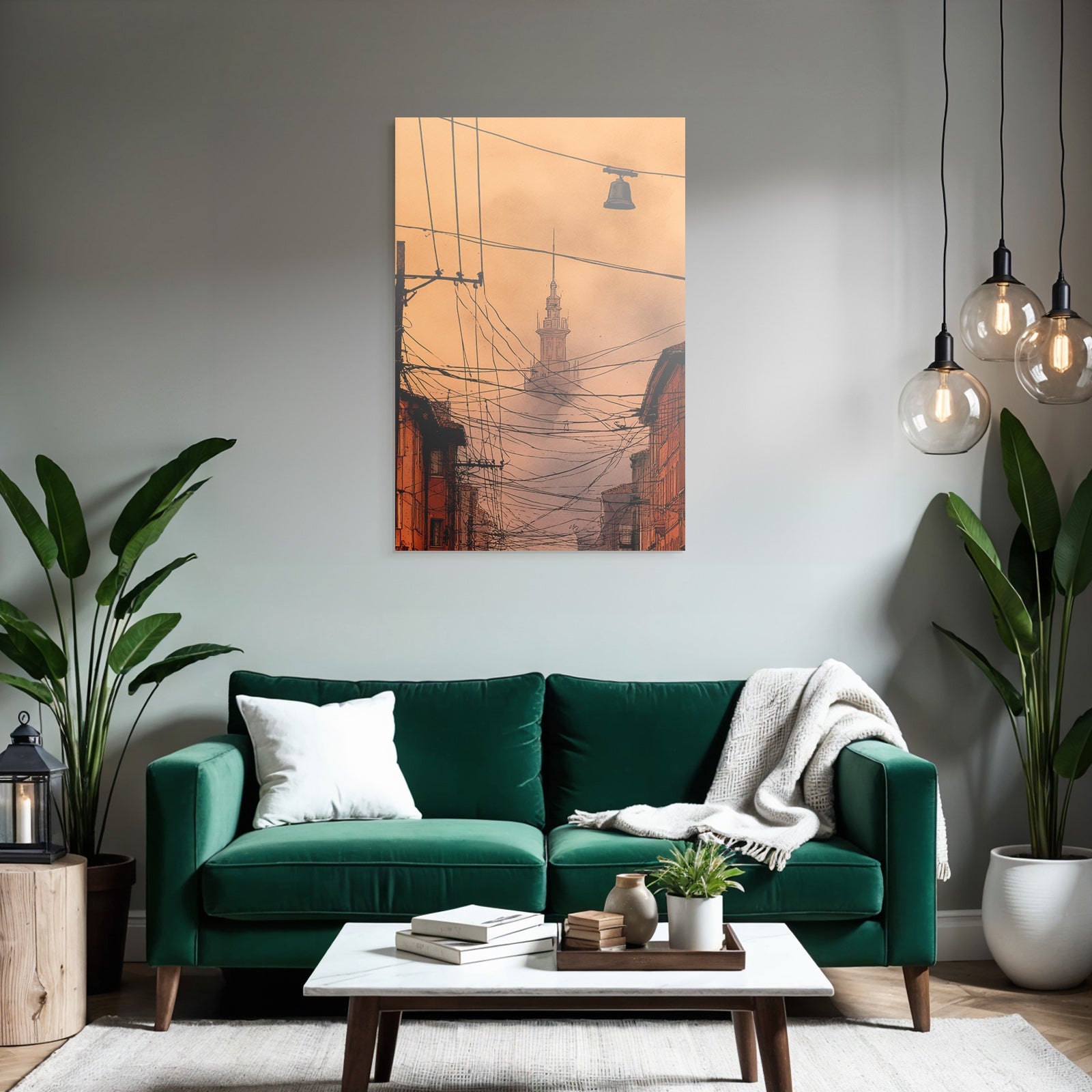 Cityscape at dusk with power lines and tower