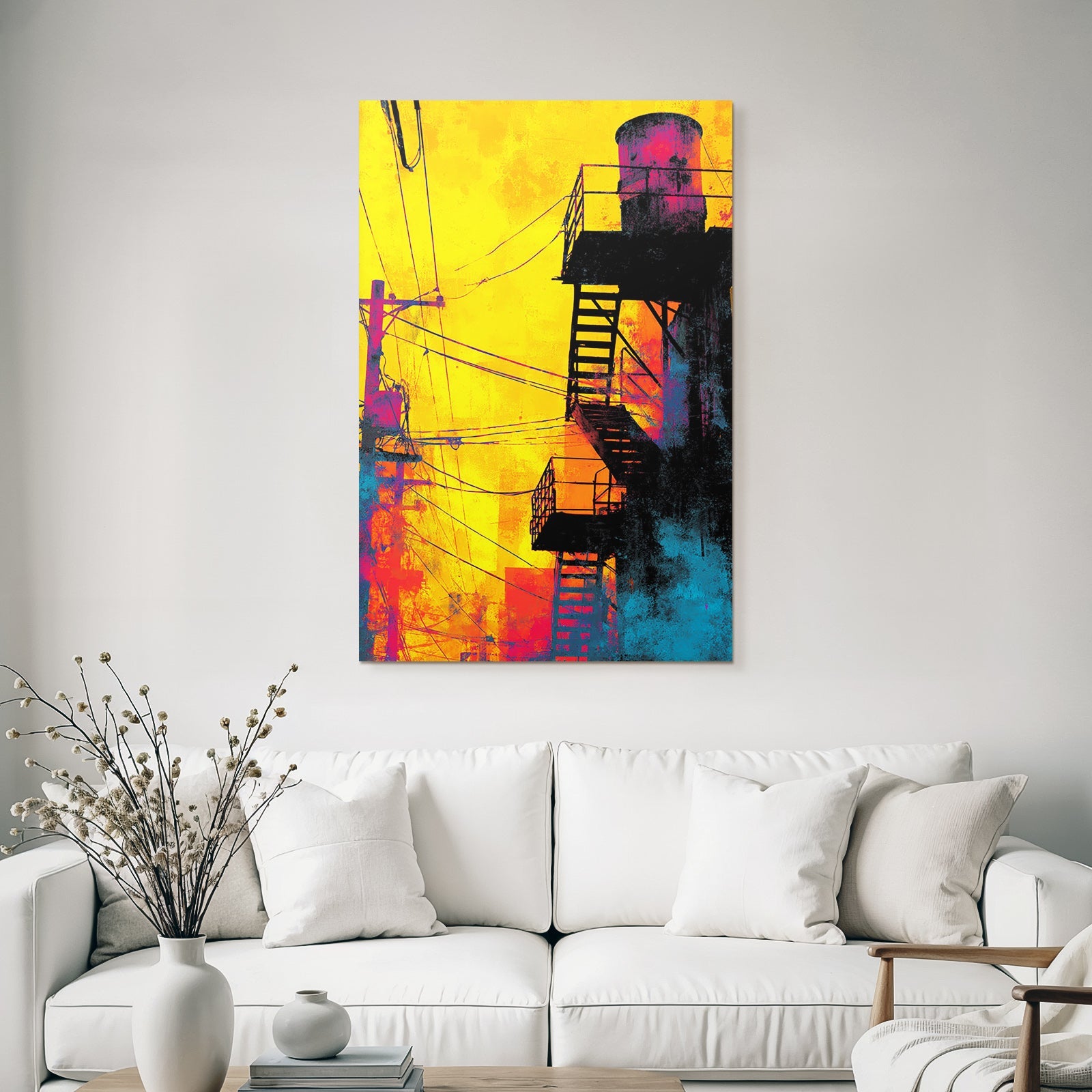 City scene with stairs and power poles against a colored background