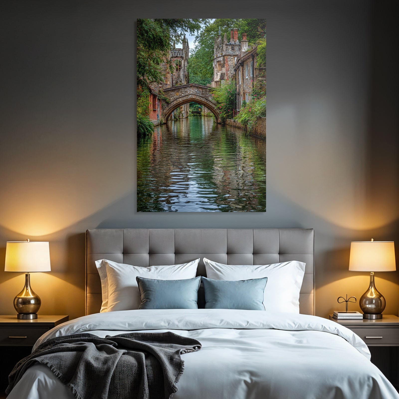 Stone bridge over a tranquil watercourse with green banks and historic buildings