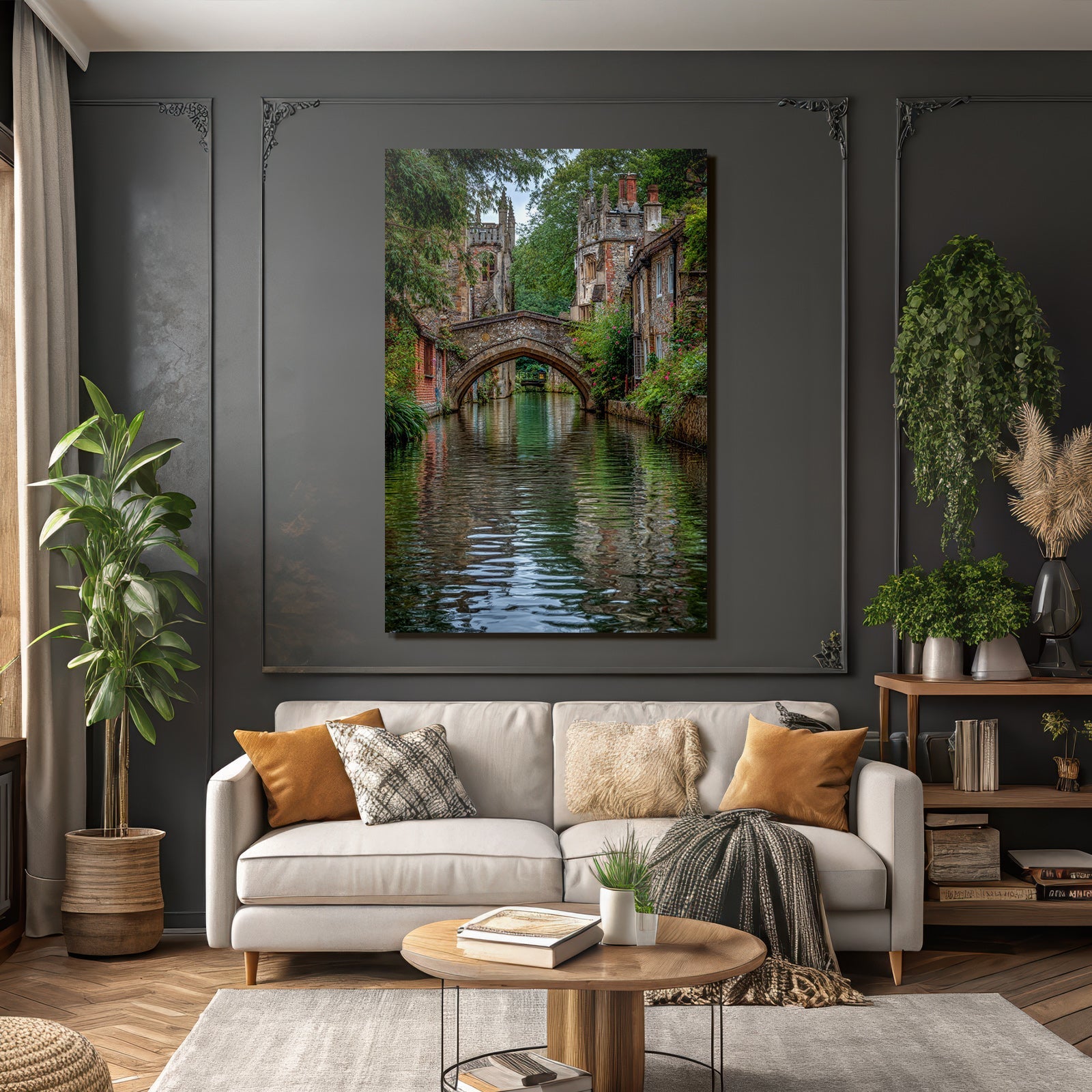 Stone bridge over a tranquil watercourse with green banks and historic buildings