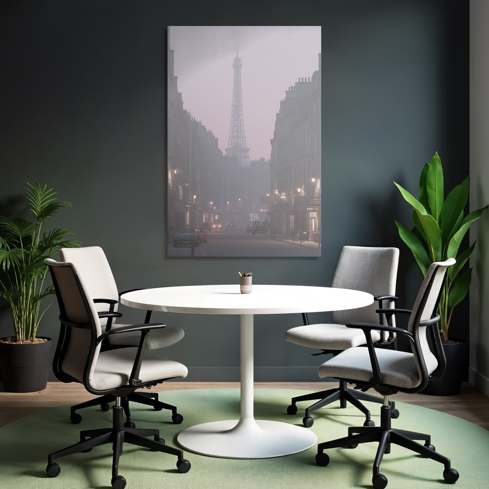 Overcast street scene with Eiffel Tower silhouette at dusk