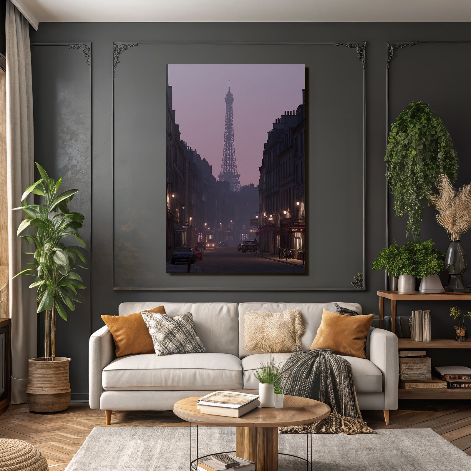 Overcast street scene with Eiffel Tower silhouette at dusk