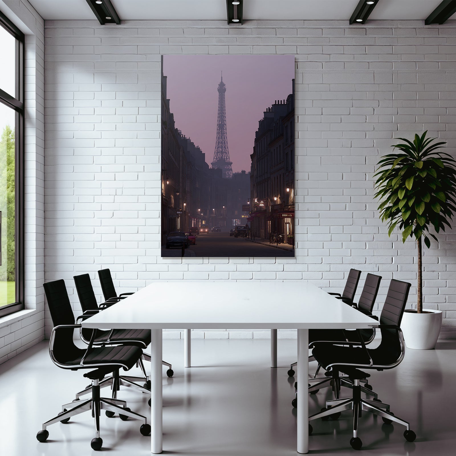 Overcast street scene with Eiffel Tower silhouette at dusk