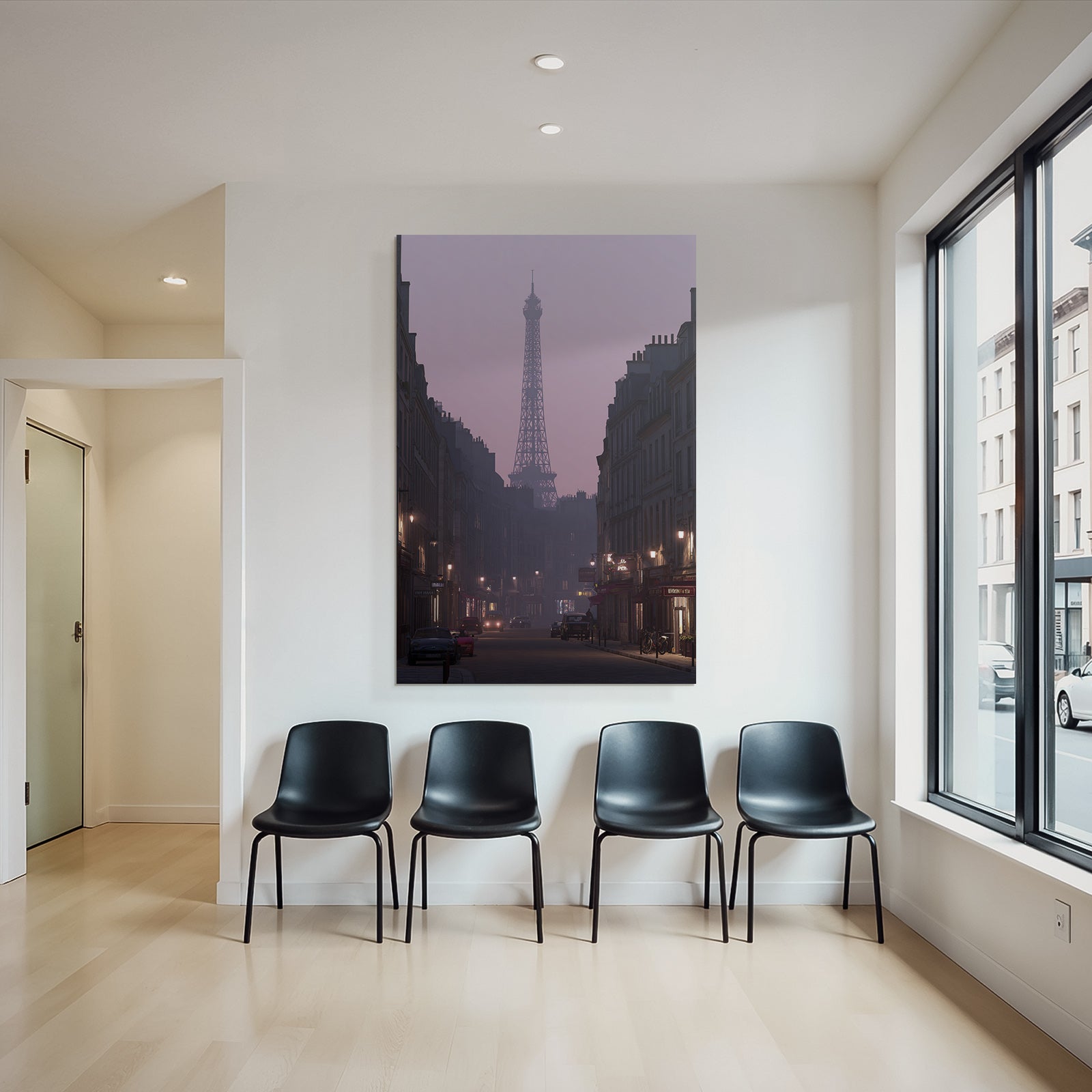 Overcast street scene with Eiffel Tower silhouette at dusk