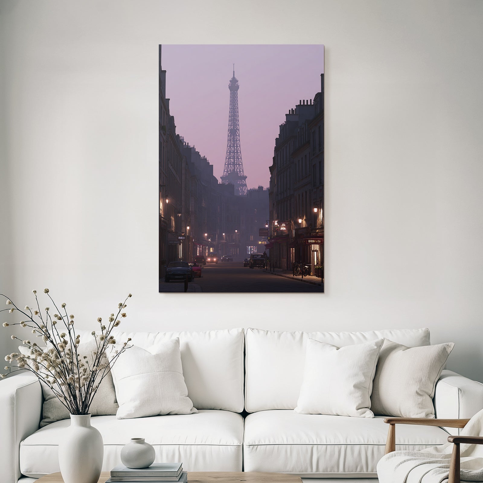 Overcast street scene with Eiffel Tower silhouette at dusk