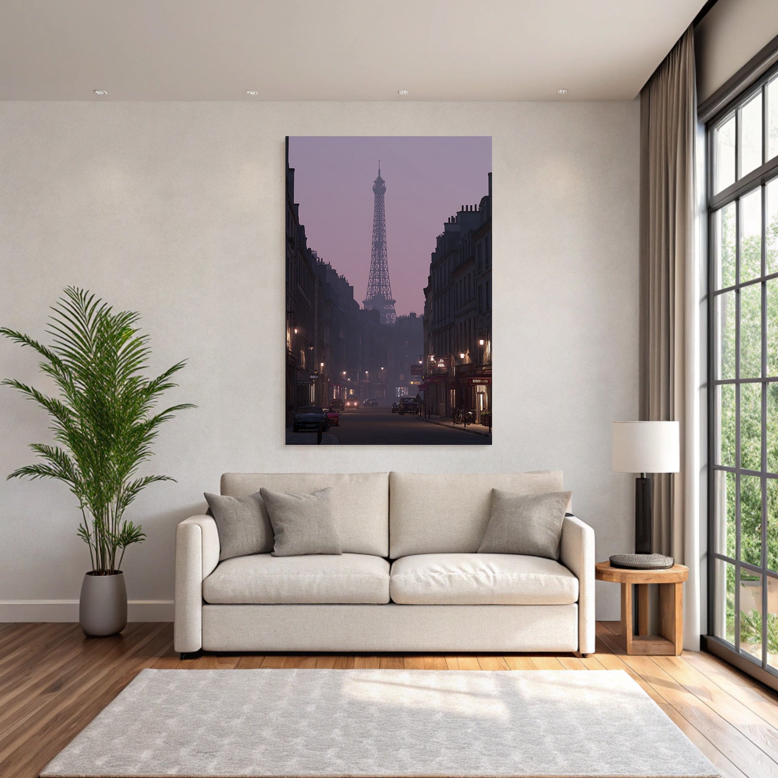 Overcast street scene with Eiffel Tower silhouette at dusk
