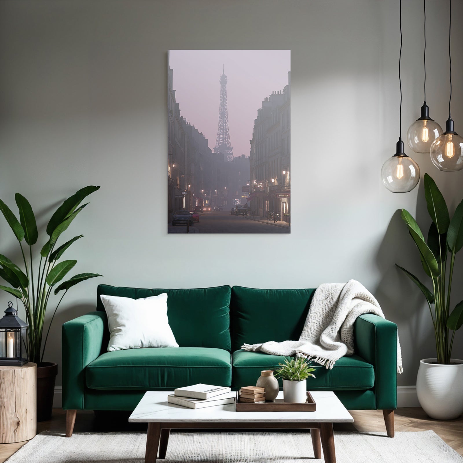 Overcast street scene with Eiffel Tower silhouette at dusk