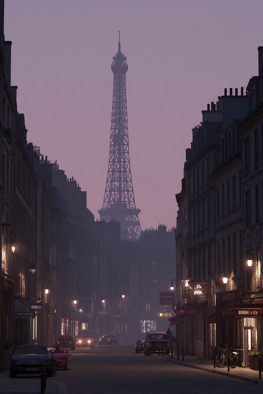 Verhangene Strassenszene Mit Eiffelturm Silhoütte Bei Dammerung | Staedtekunst | Laender und Reisen