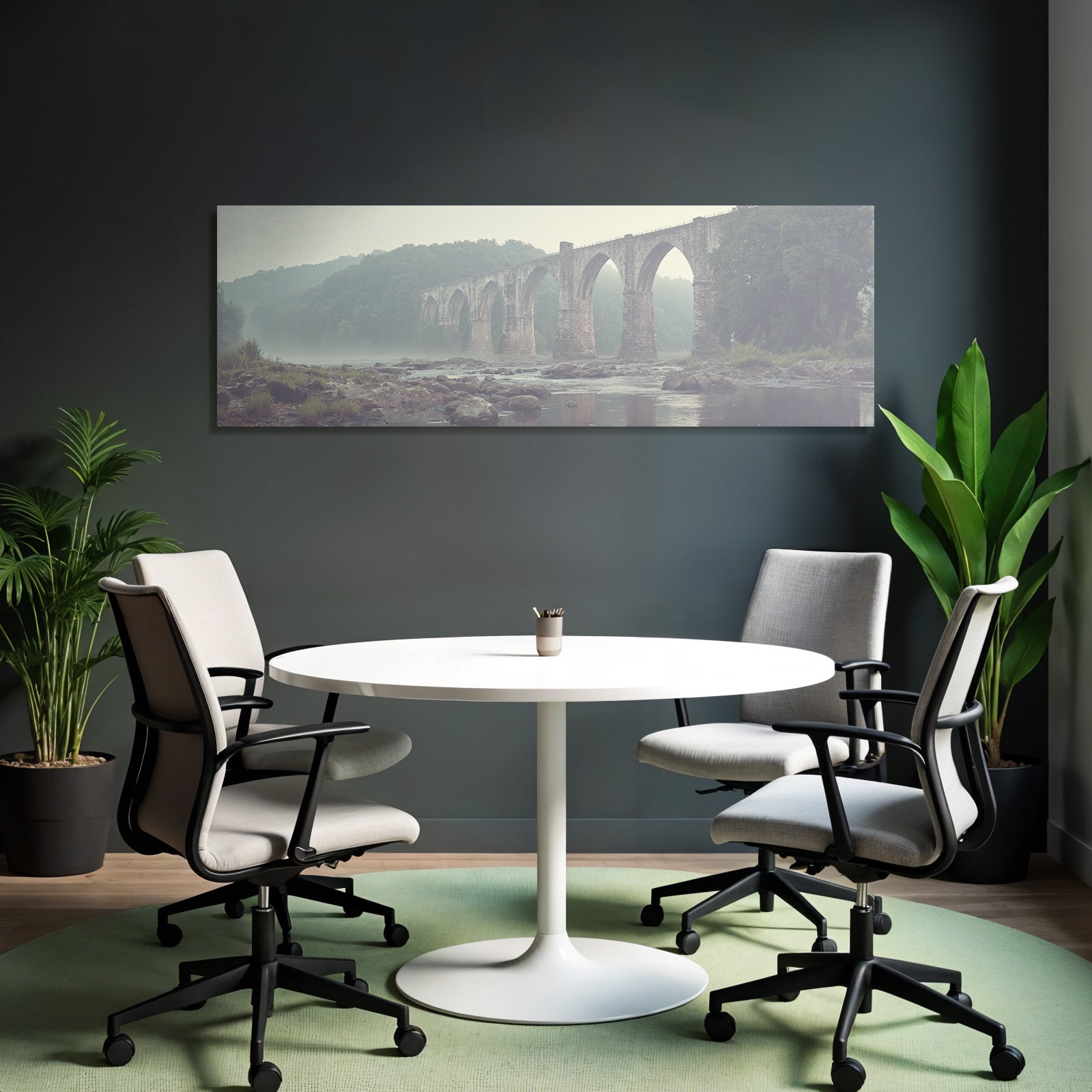 Picturesque stone bridge with morning mist