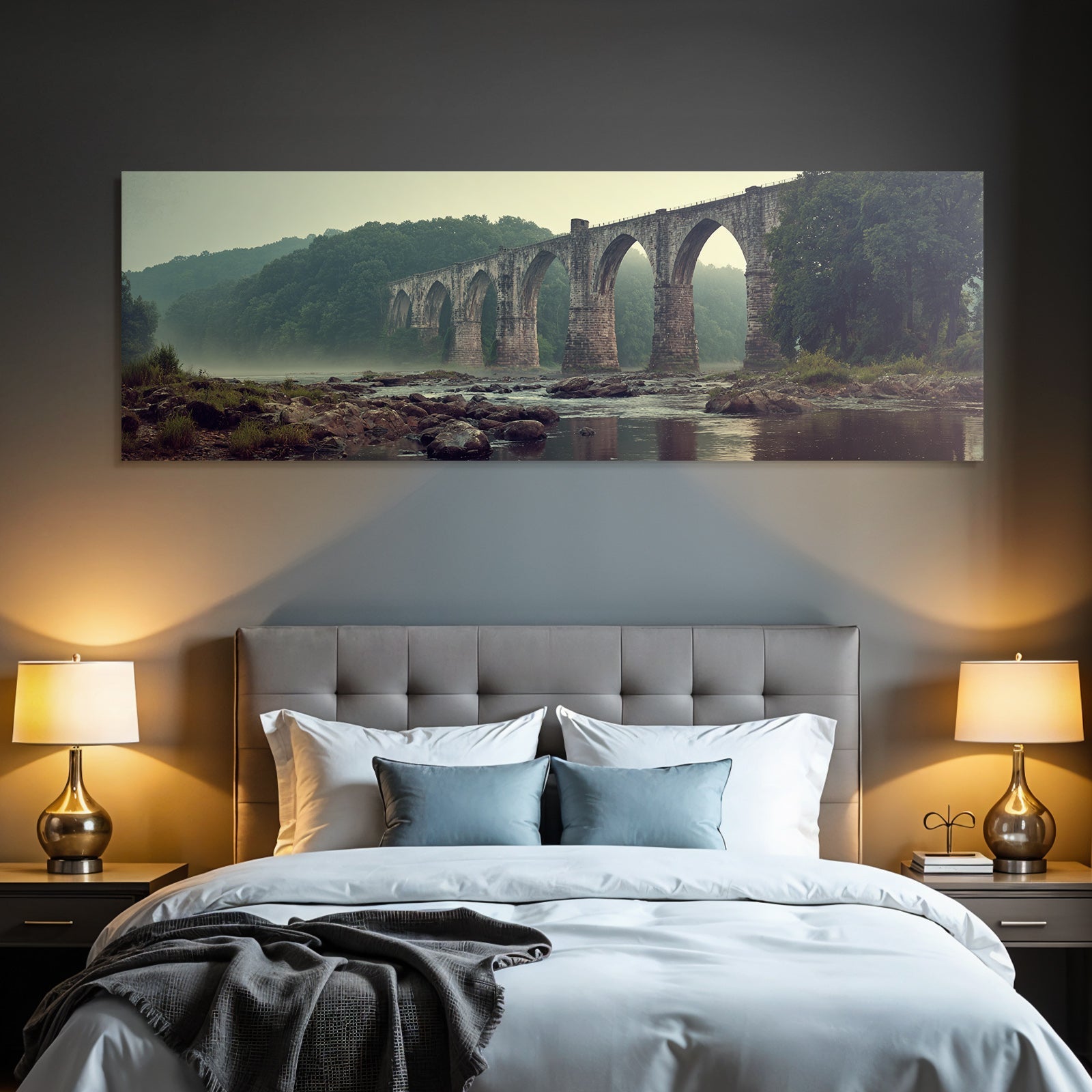 Picturesque stone bridge with morning mist