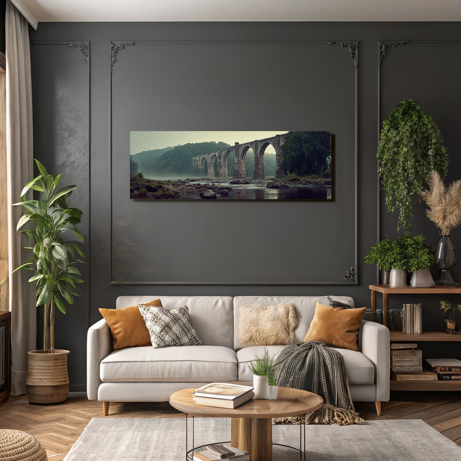 Picturesque stone bridge with morning mist