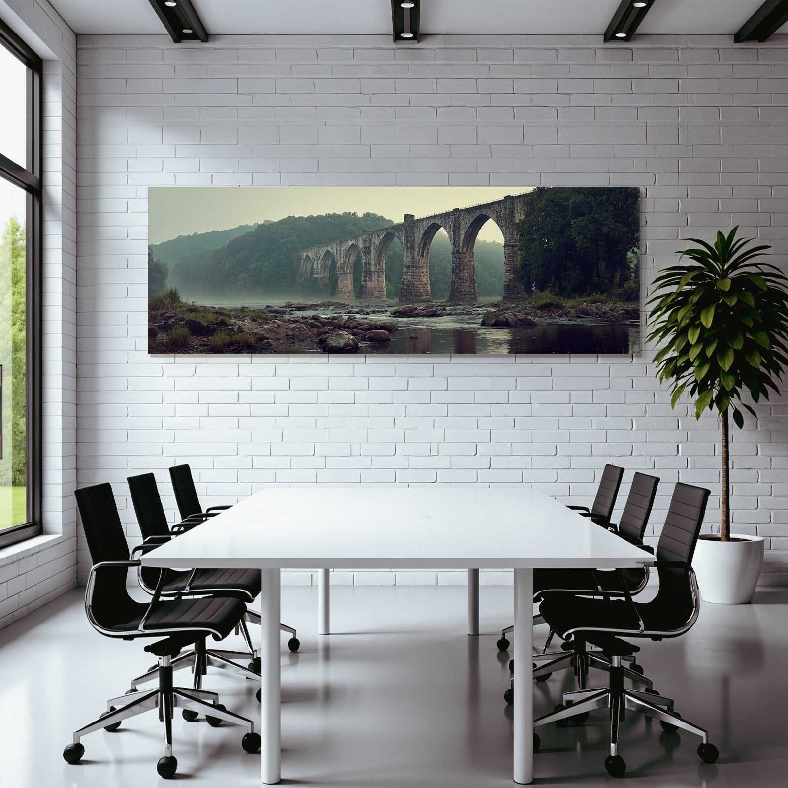 Picturesque stone bridge with morning mist