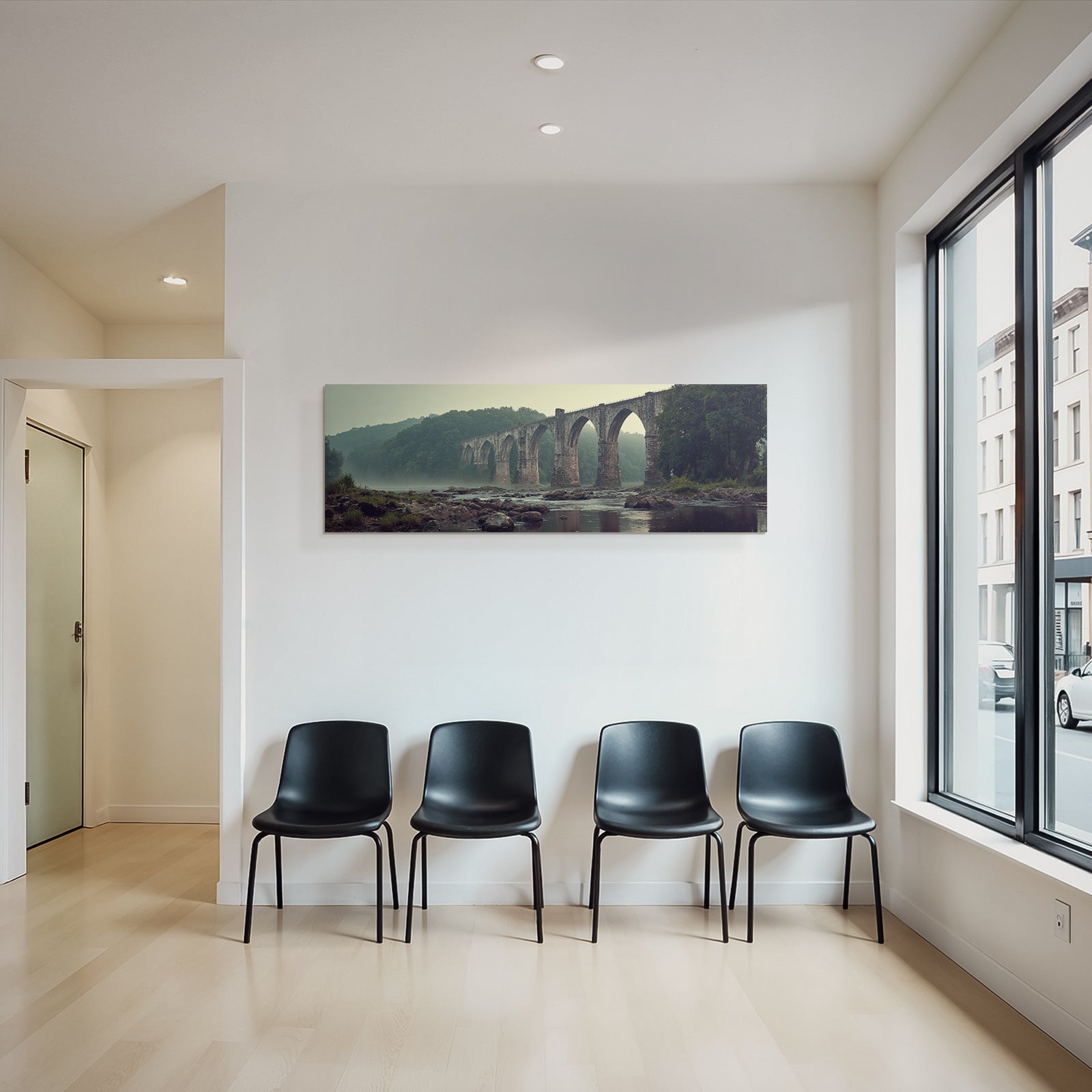 Picturesque stone bridge with morning mist