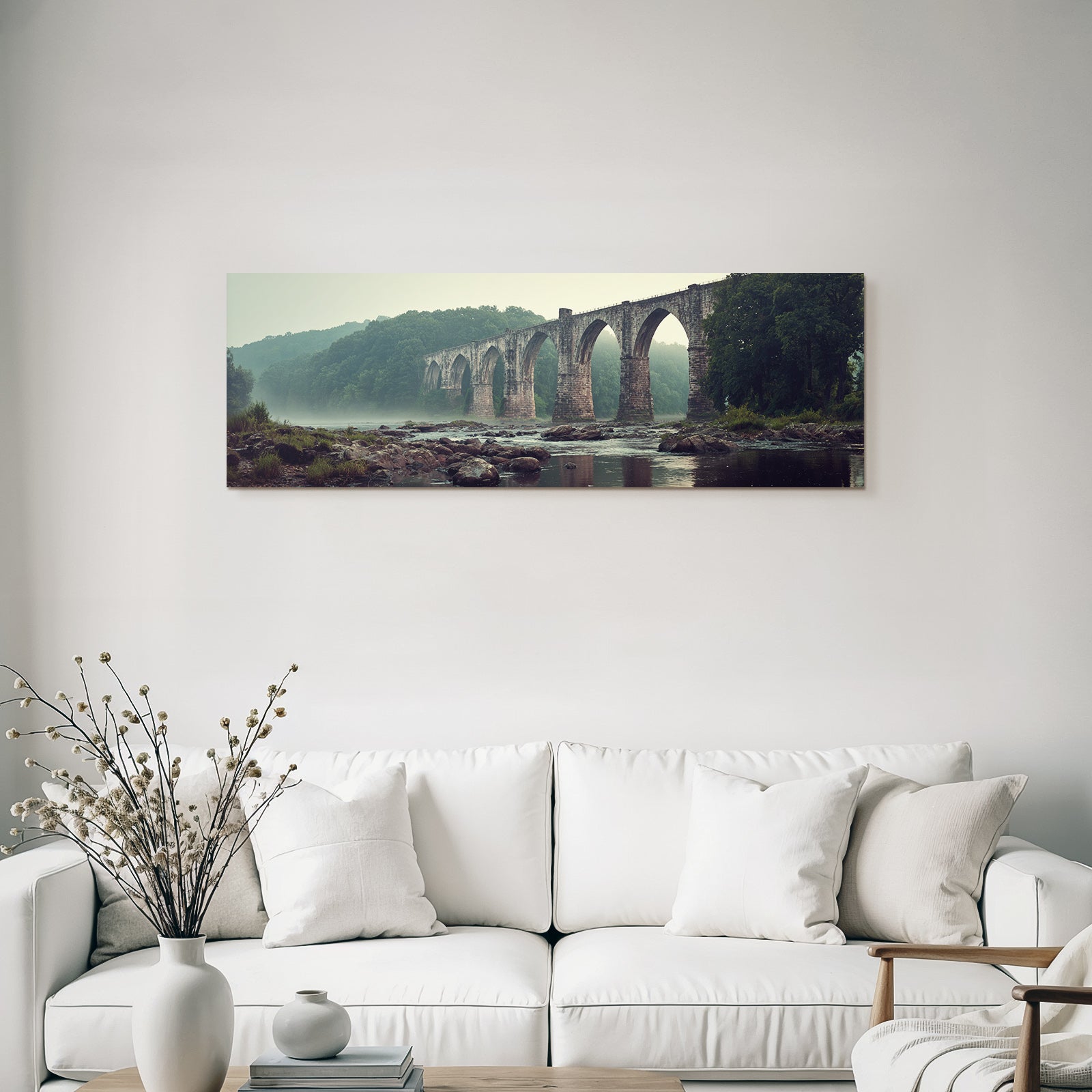 Picturesque stone bridge with morning mist