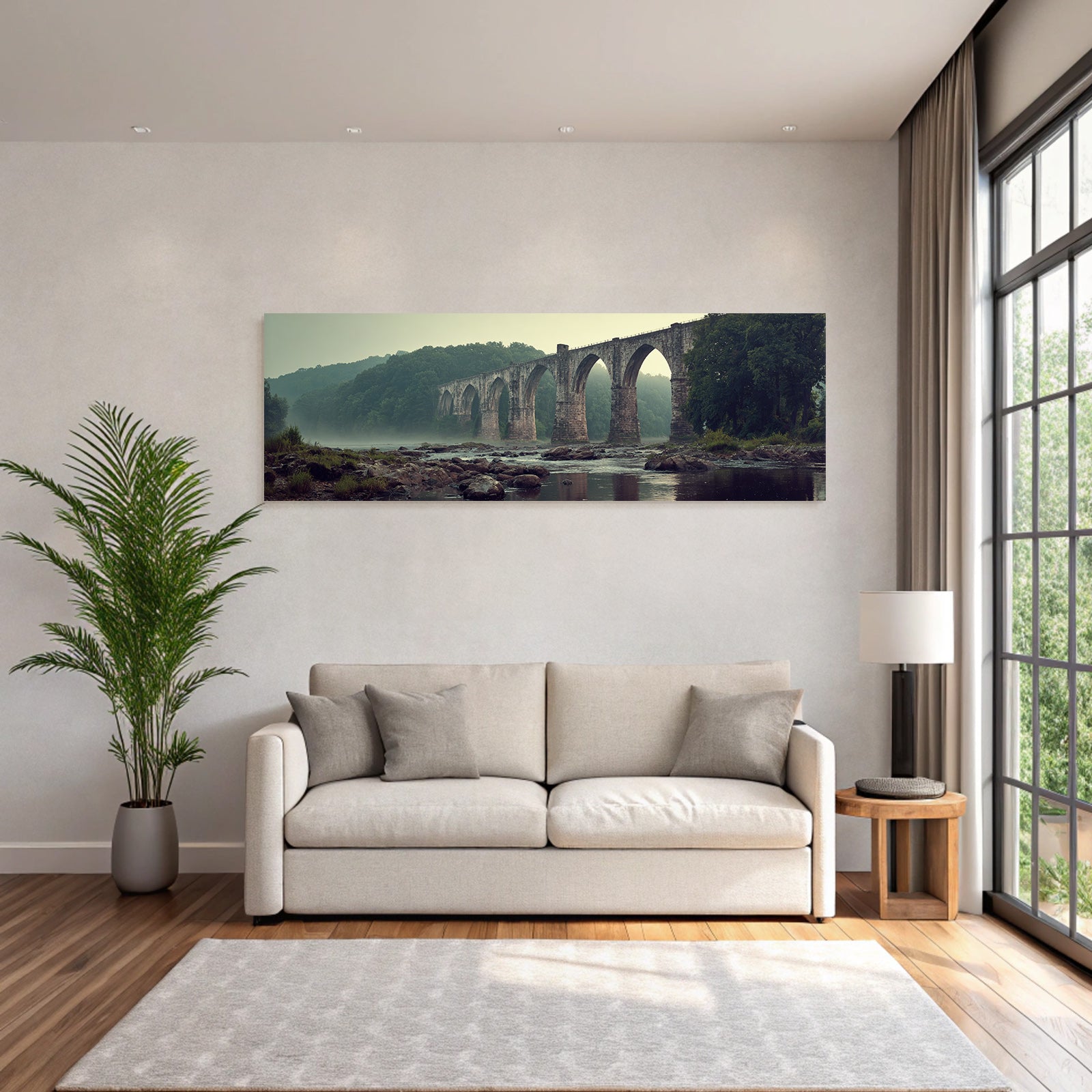 Picturesque stone bridge with morning mist