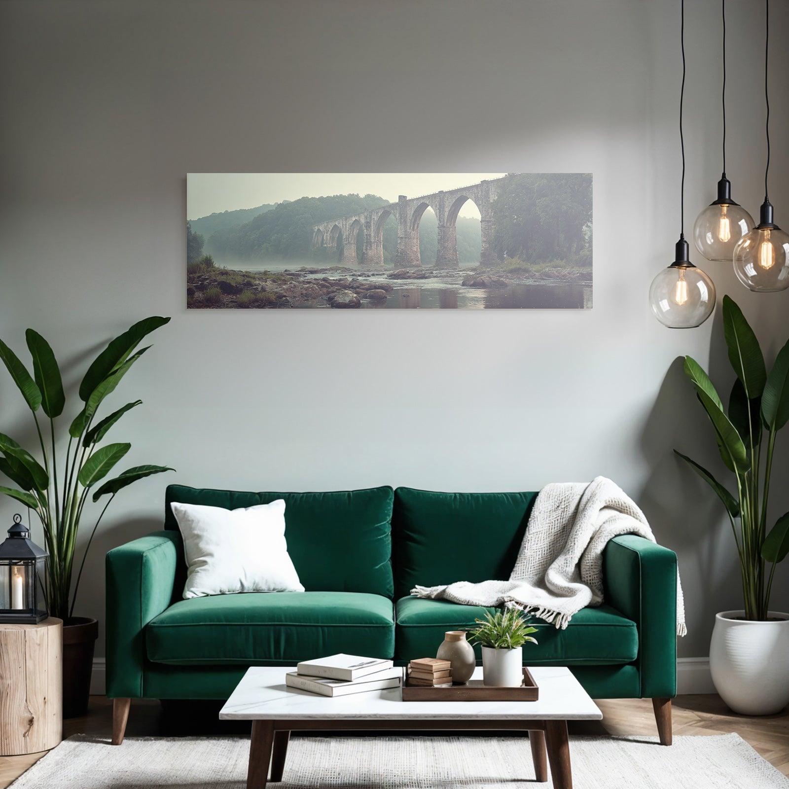 Picturesque stone bridge with morning mist